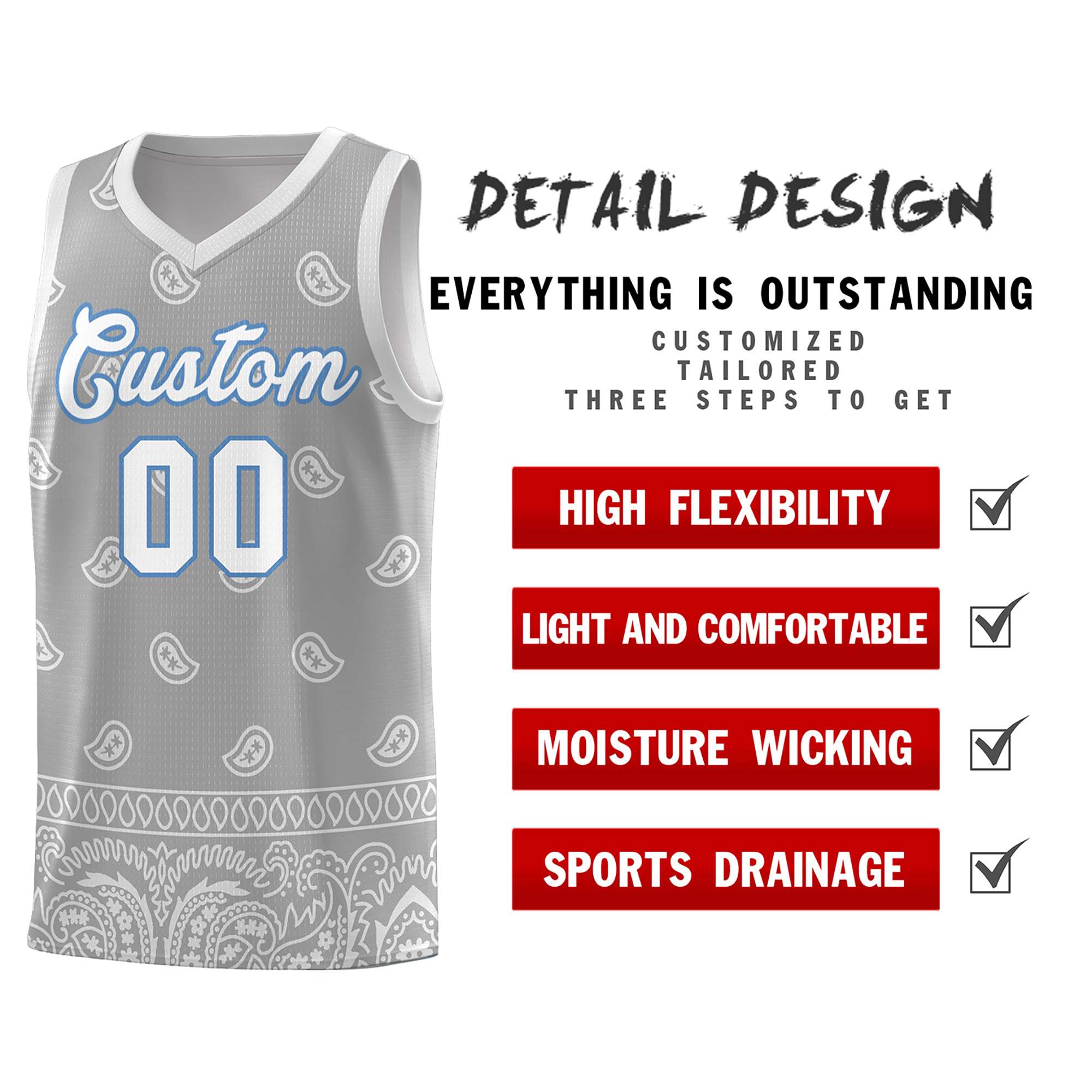 Custom Gray Light Gray Personalized Cashew Pattern Sports Uniform Basketball Jersey