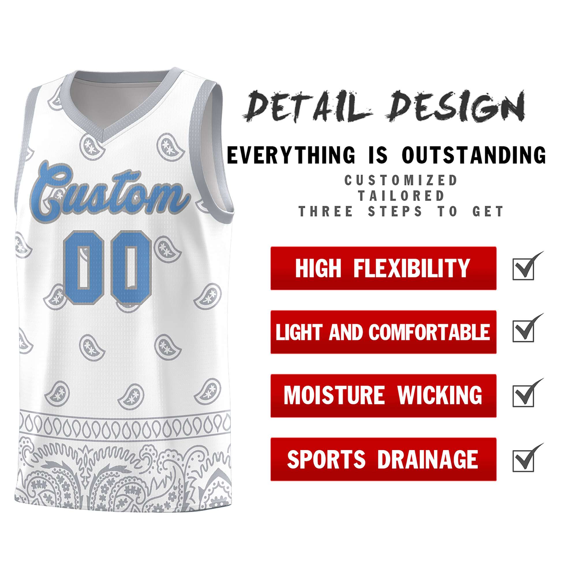 Custom White Gray Personalized Cashew Pattern Sports Uniform Basketball Jersey