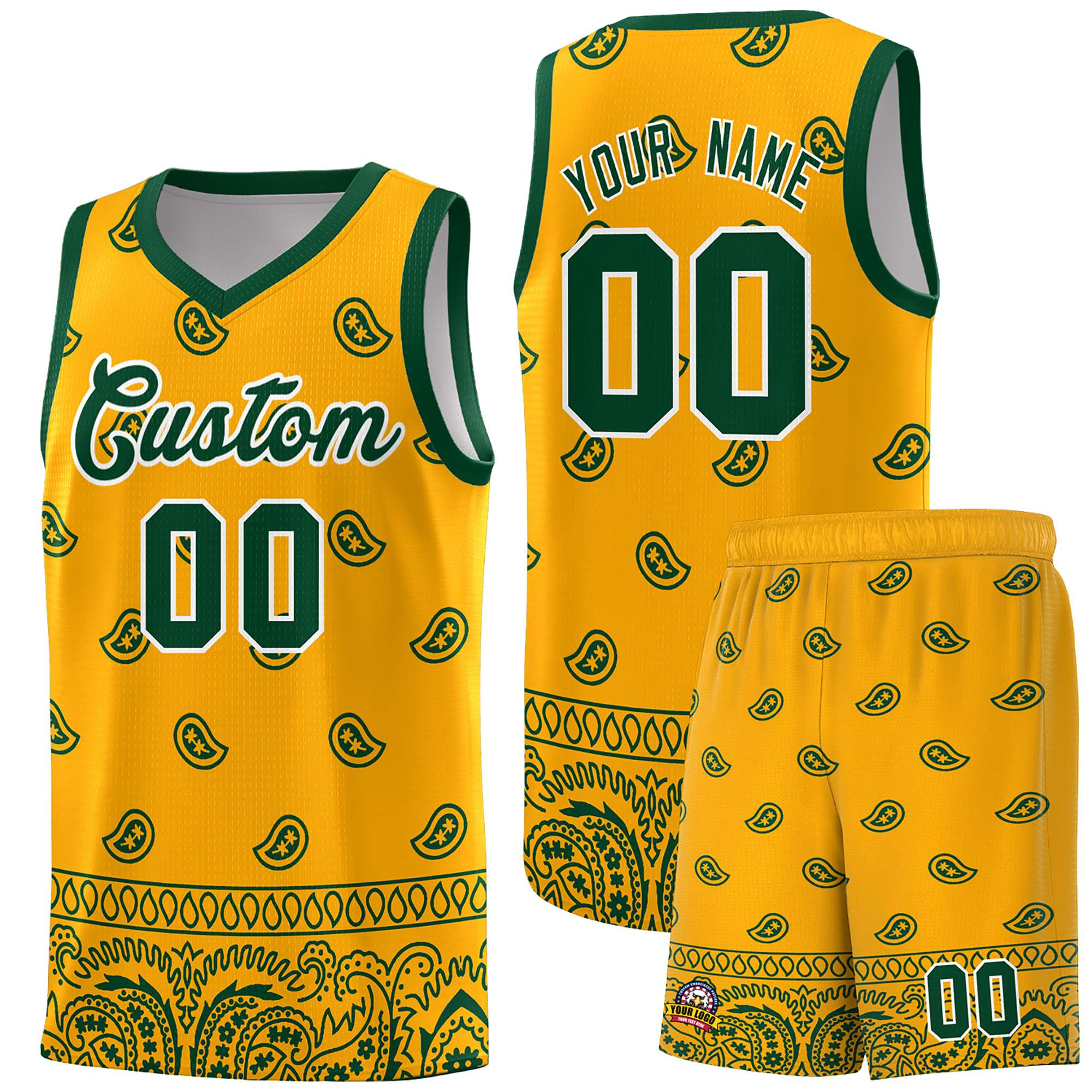 Custom Yellow Green Personalized Cashew Pattern Sports Uniform Basketball Jersey