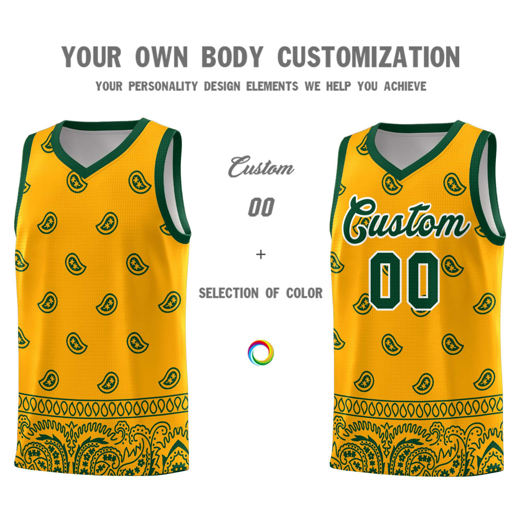 Custom Yellow Green Personalized Cashew Pattern Sports Uniform Basketball Jersey