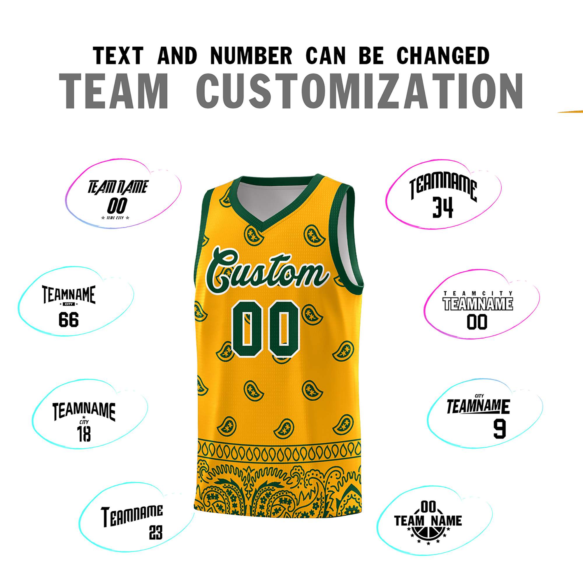 Custom Yellow Green Personalized Cashew Pattern Sports Uniform Basketball Jersey