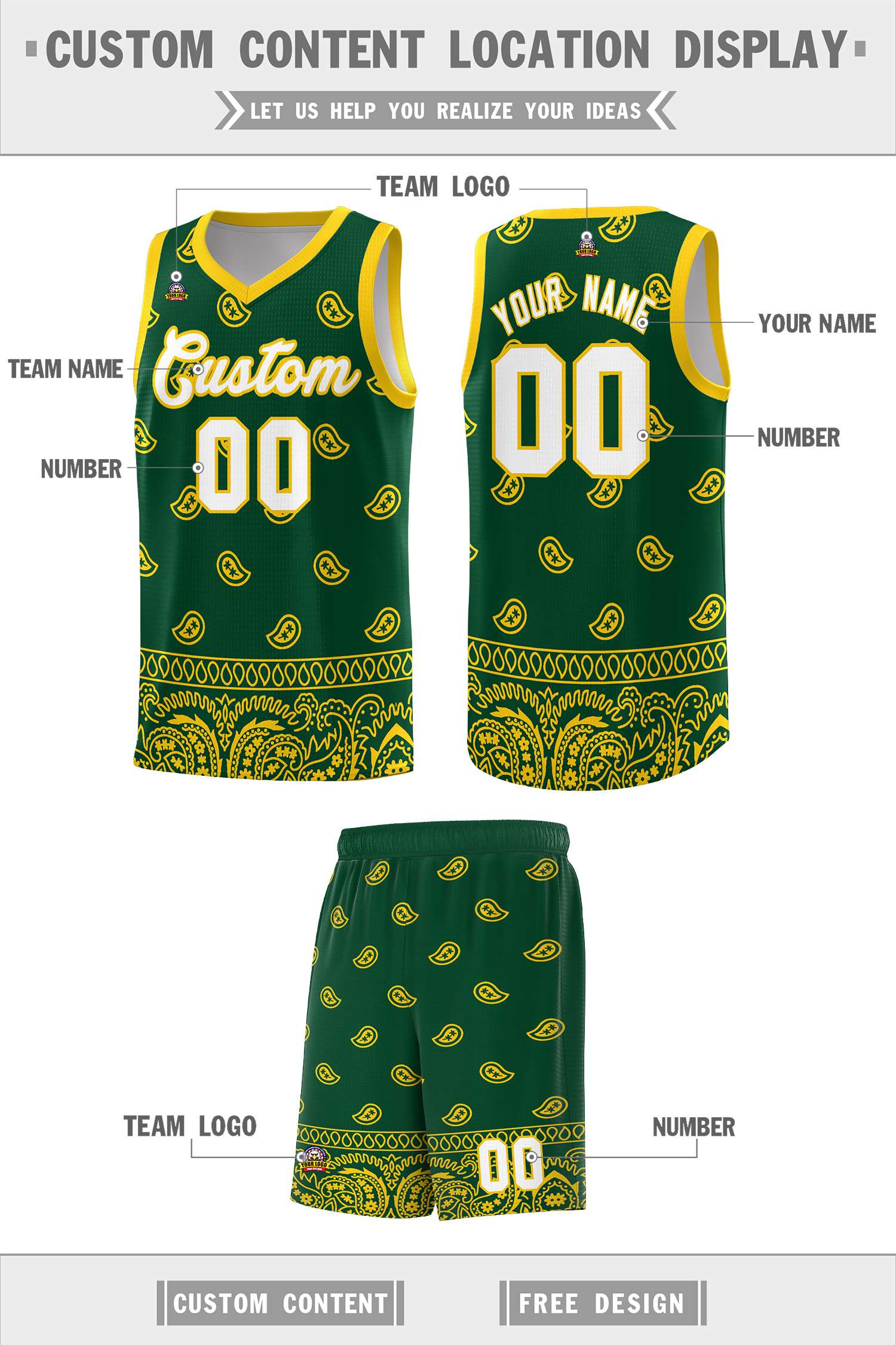 Custom Gold Green Personalized Cashew Pattern Sports Uniform Basketball Jersey