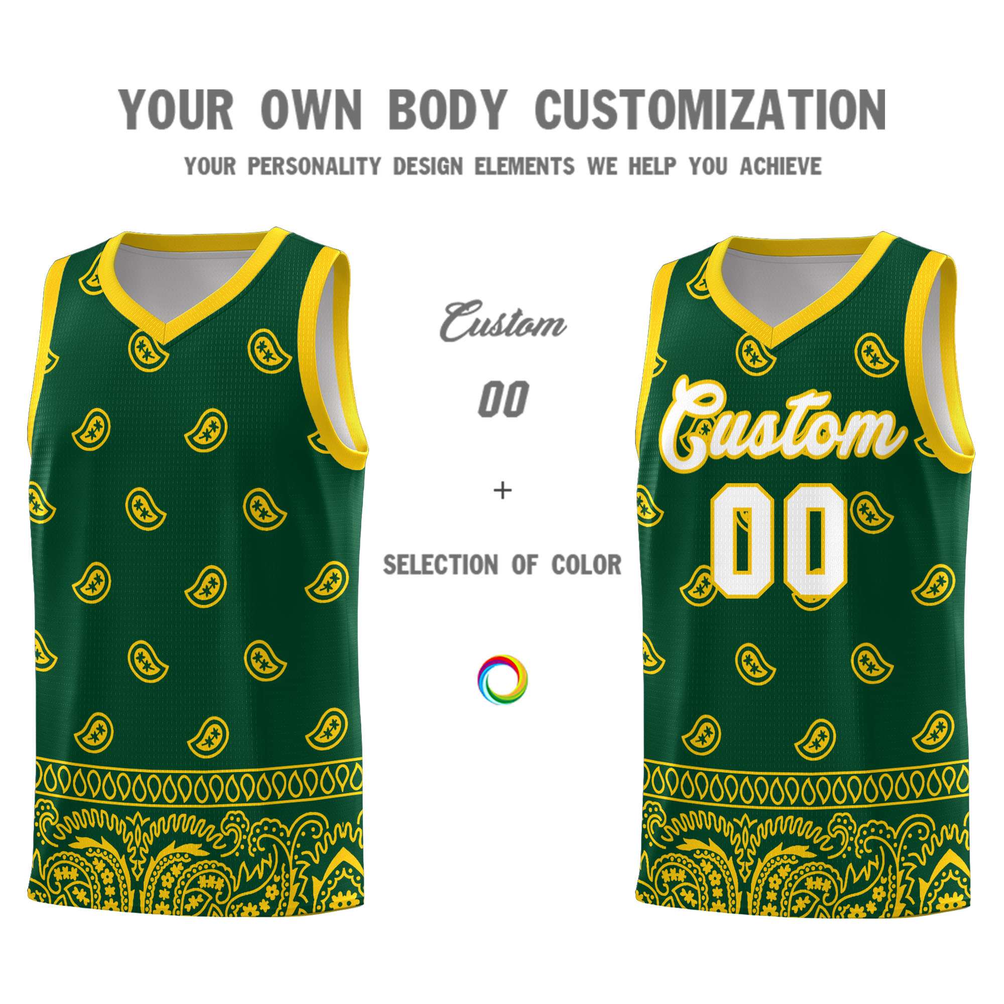 Custom Gold Green Personalized Cashew Pattern Sports Uniform Basketball Jersey