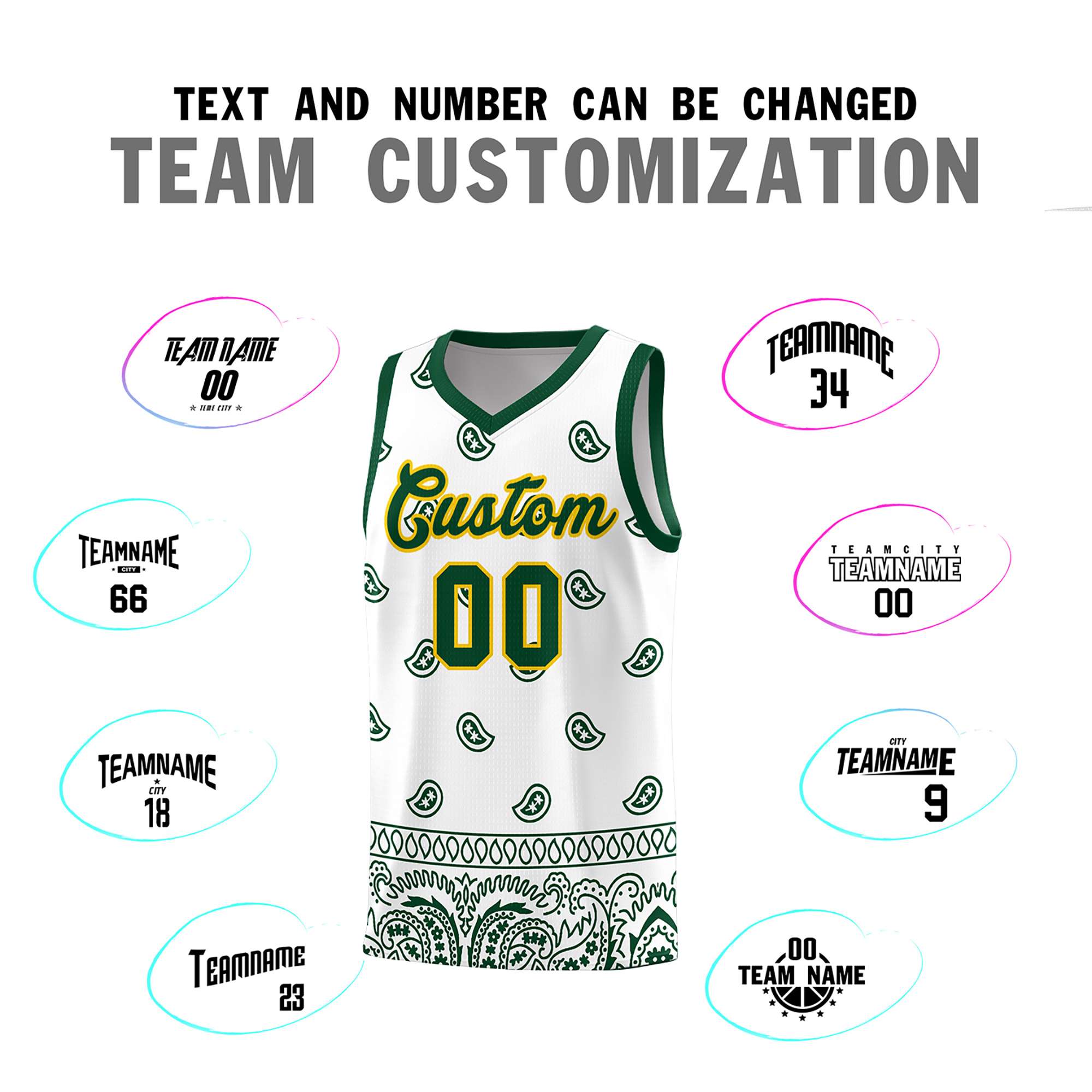 Custom Green White Personalized Cashew Pattern Sports Uniform Basketball Jersey