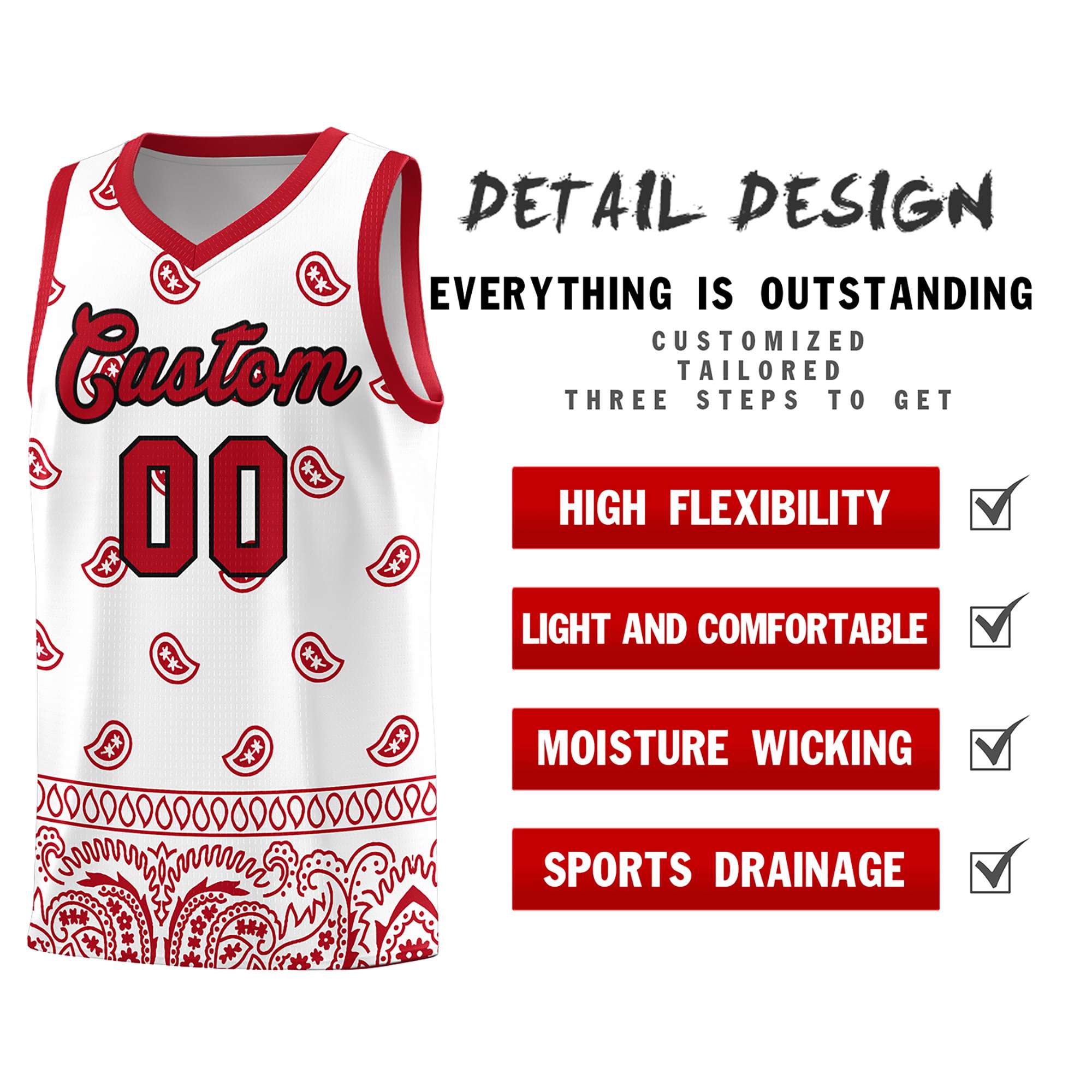 Custom White Red Personalized Cashew Pattern Sports Uniform Basketball Jersey