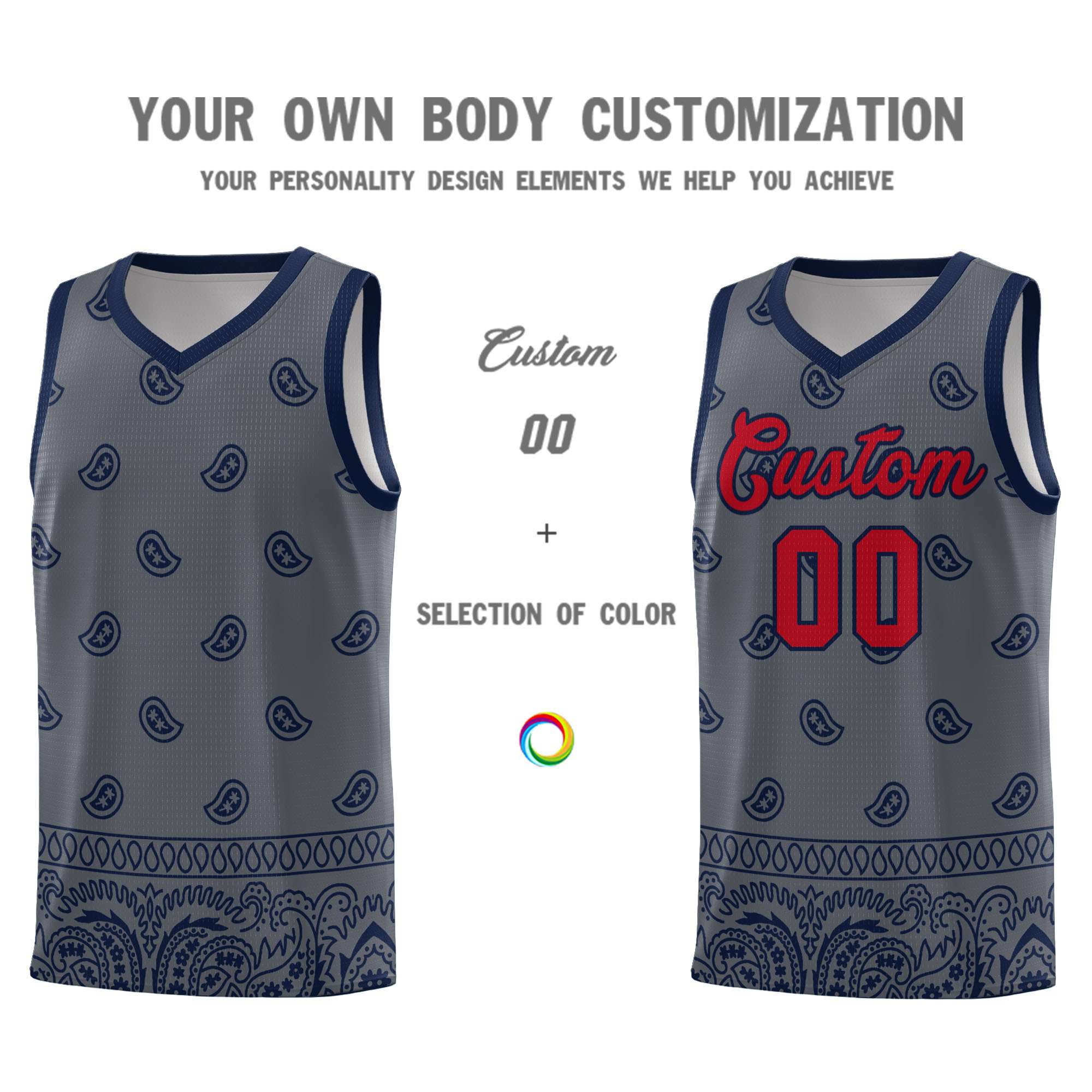 Custom Dark Gray Navy Personalized Cashew Pattern Sports Uniform Basketball Jersey