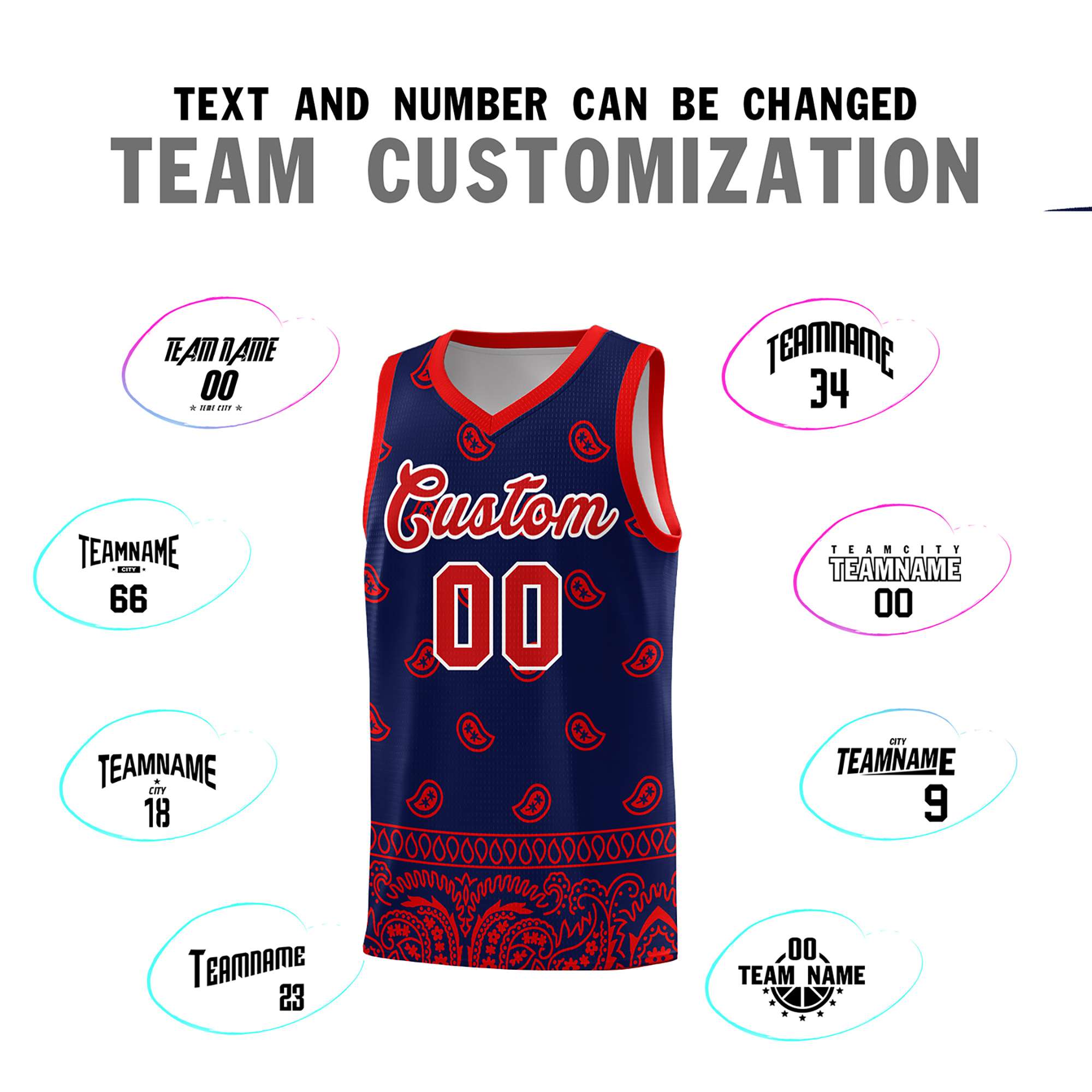 Custom Navy Red Personalized Cashew Pattern Sports Uniform Basketball Jersey