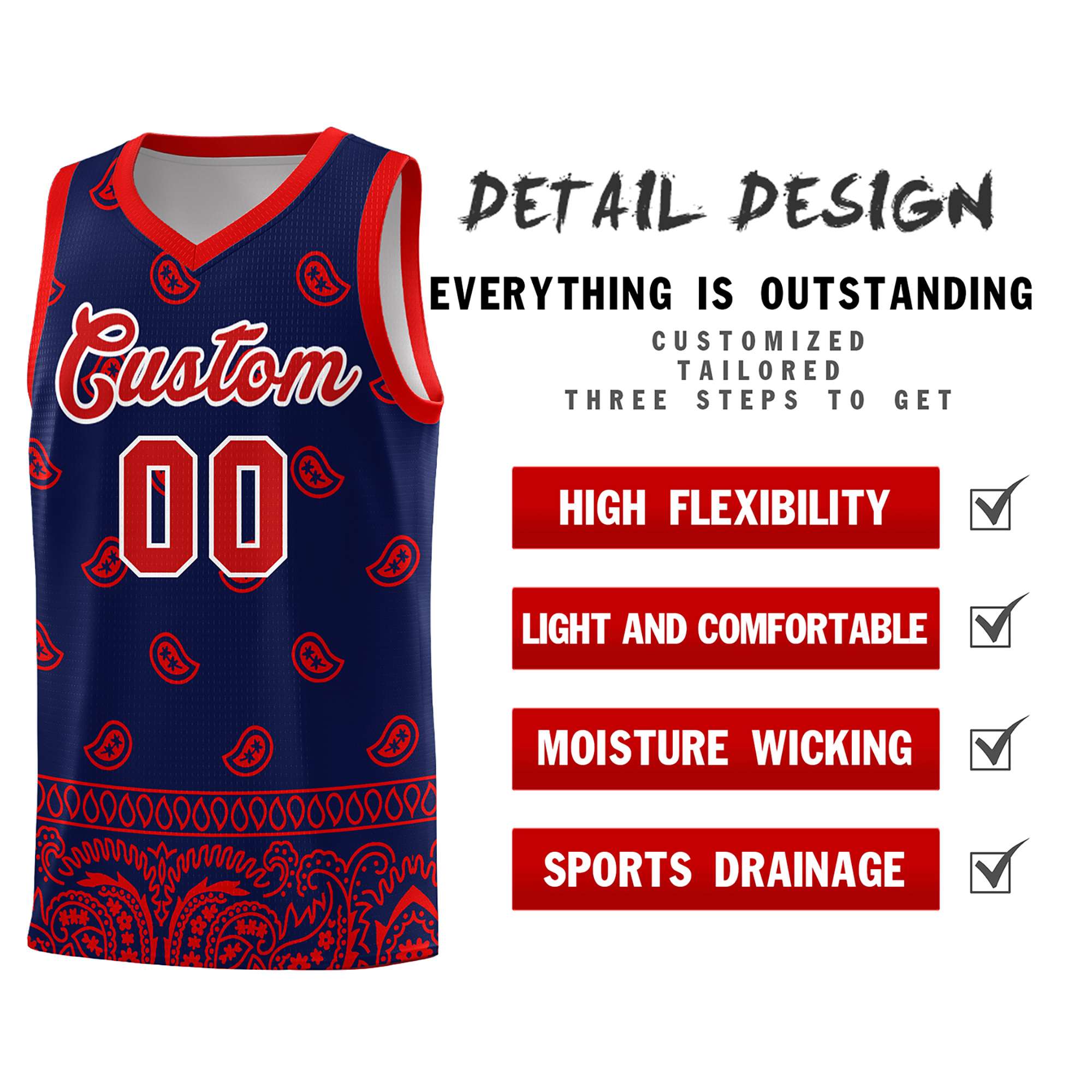 Custom Navy Red Personalized Cashew Pattern Sports Uniform Basketball Jersey