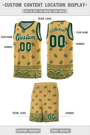 Custom Old Gold Green Personalized Cashew Pattern Sports Uniform Basketball Jersey