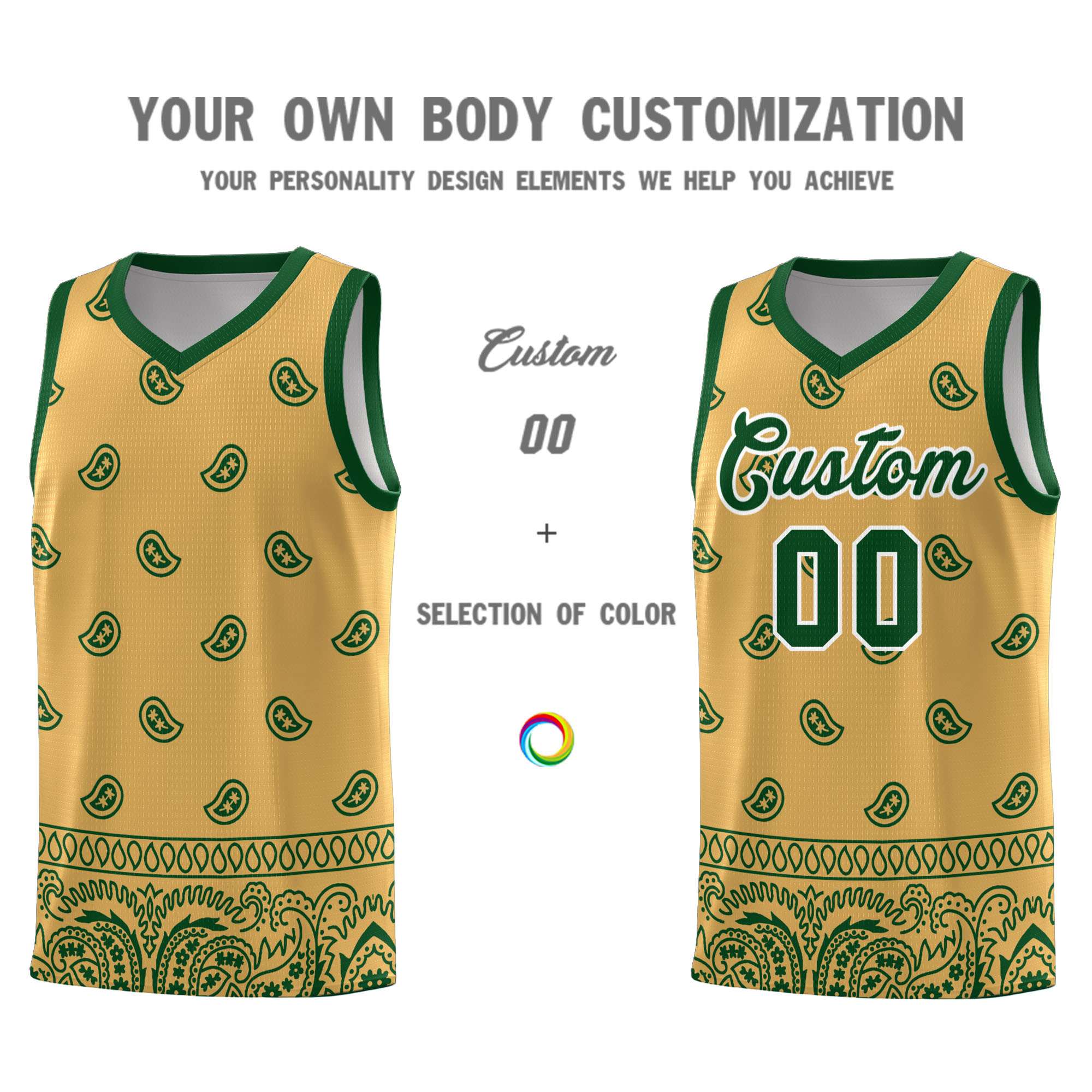 Custom Old Gold Green Personalized Cashew Pattern Sports Uniform Basketball Jersey