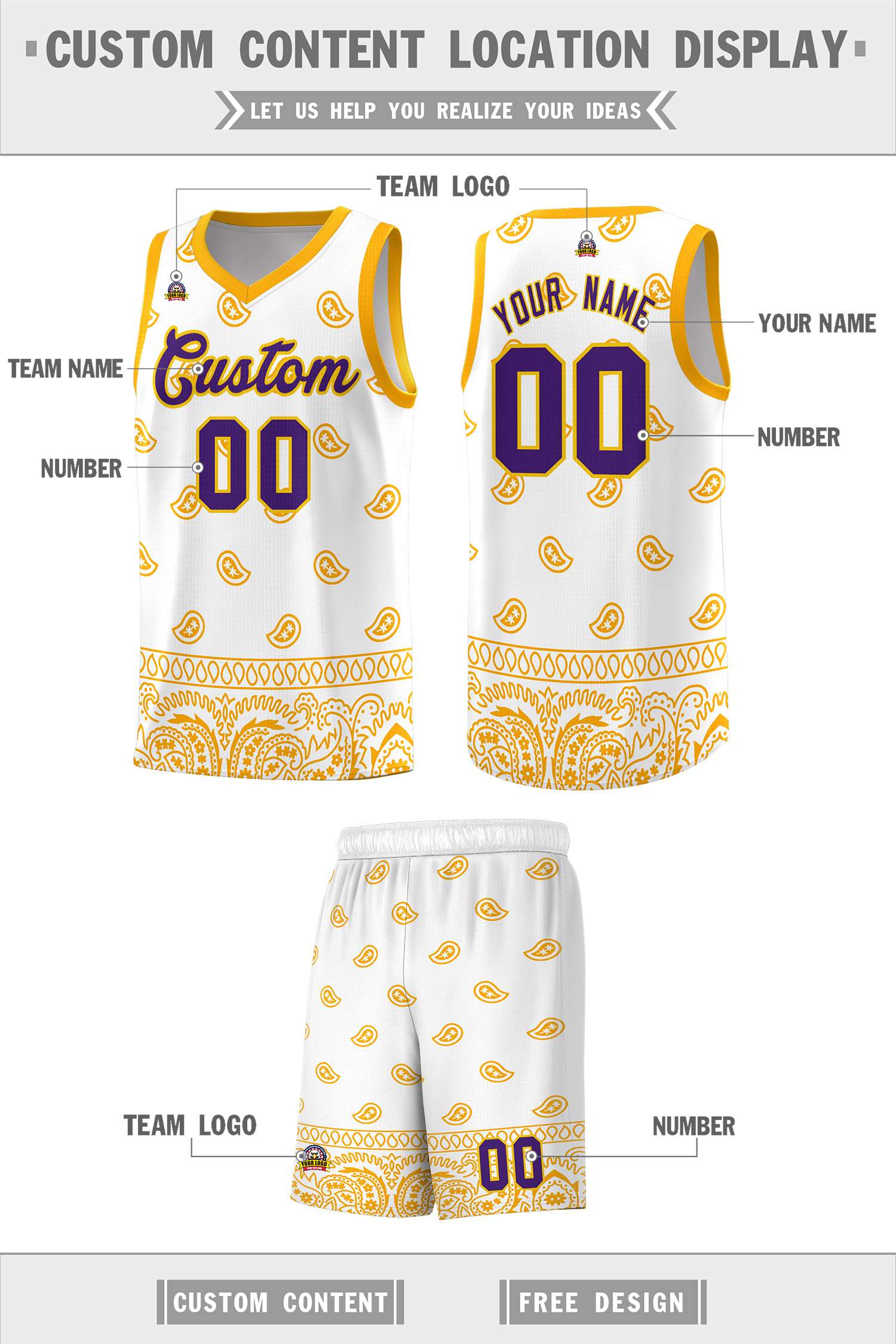 Custom White Yellow Personalized Cashew Pattern Sports Uniform Basketball Jersey