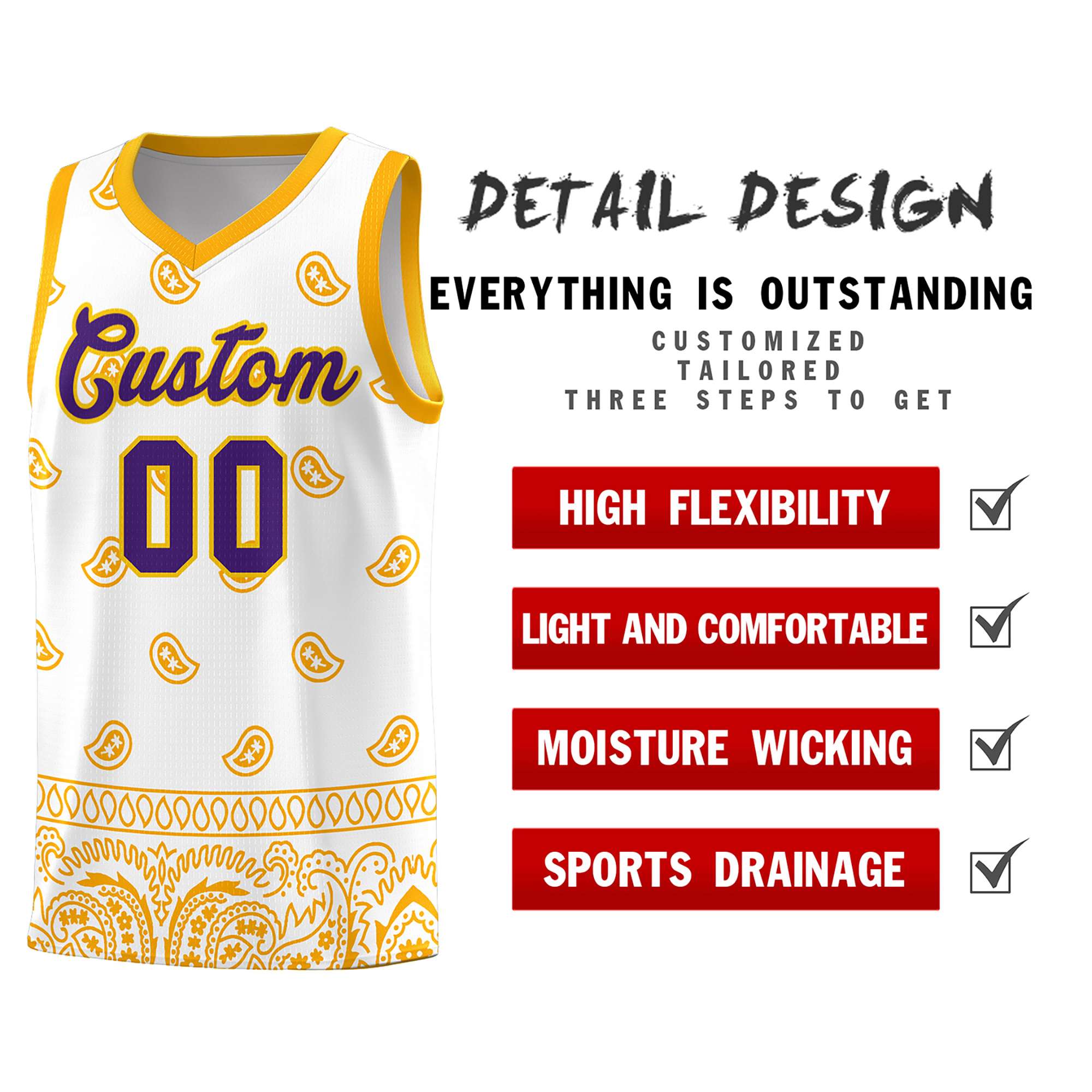 Custom White Yellow Personalized Cashew Pattern Sports Uniform Basketball Jersey