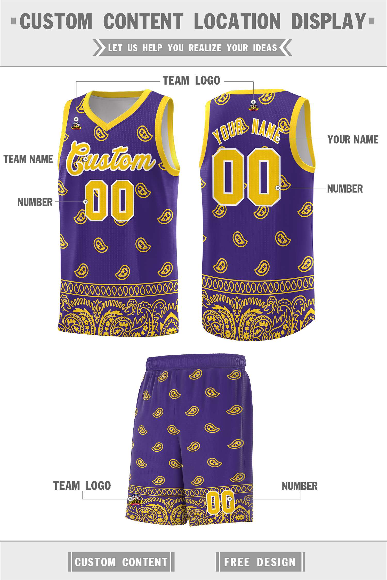 Custom Purple Gold Personalized Cashew Pattern Sports Uniform Basketball Jersey