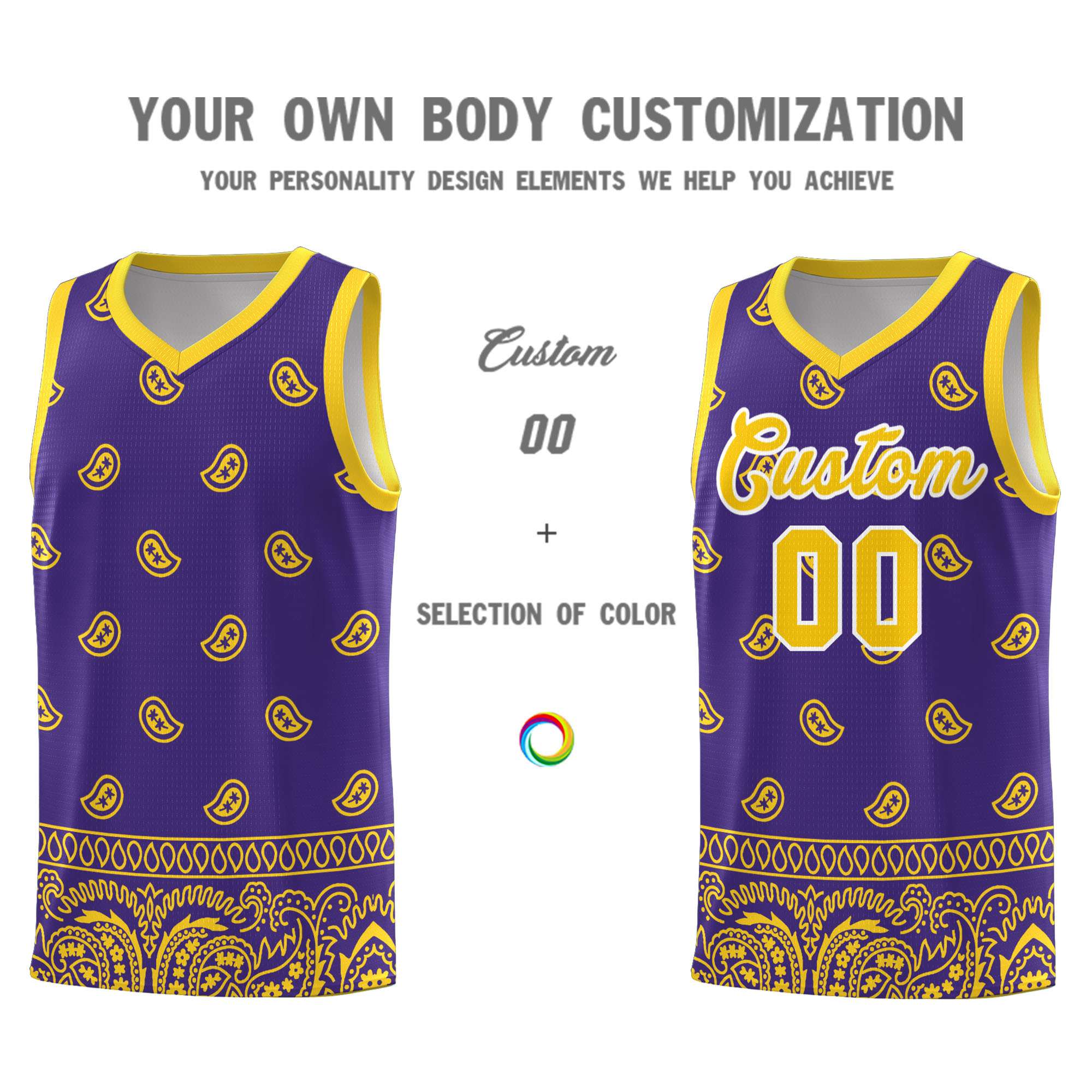 Custom Purple Gold Personalized Cashew Pattern Sports Uniform Basketball Jersey