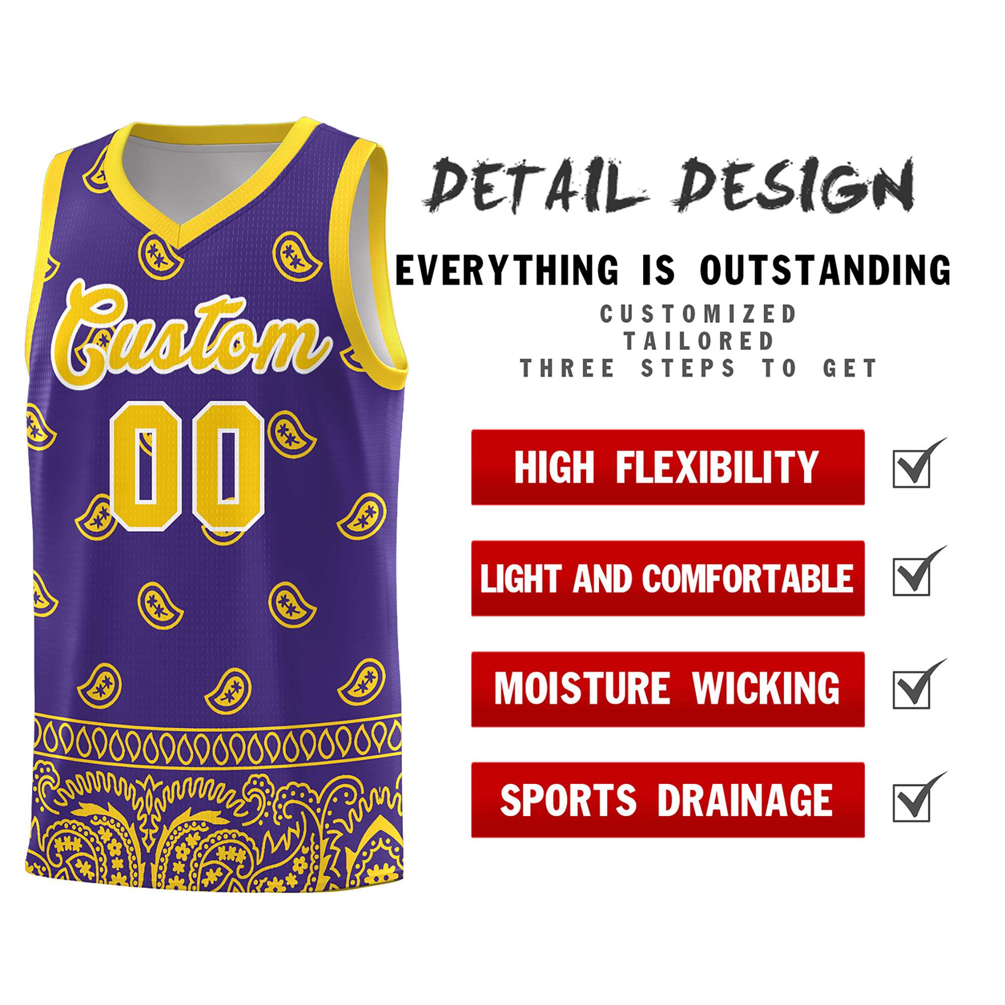 Custom Purple Gold Personalized Cashew Pattern Sports Uniform Basketball Jersey