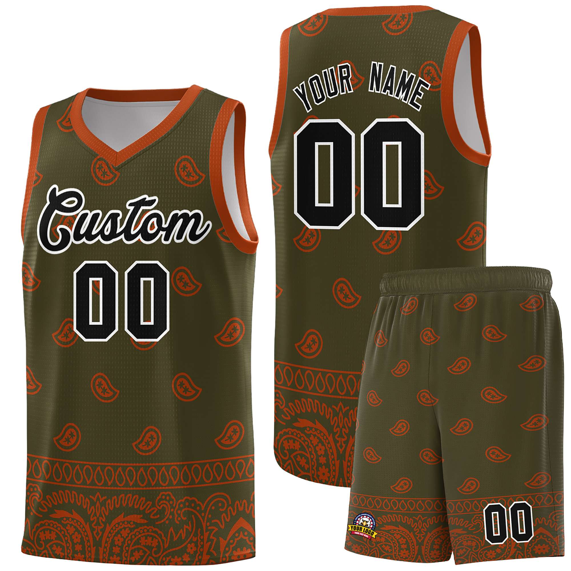 Custom Olive Texas Orange Personalized Cashew Pattern Sports Uniform Basketball Jersey