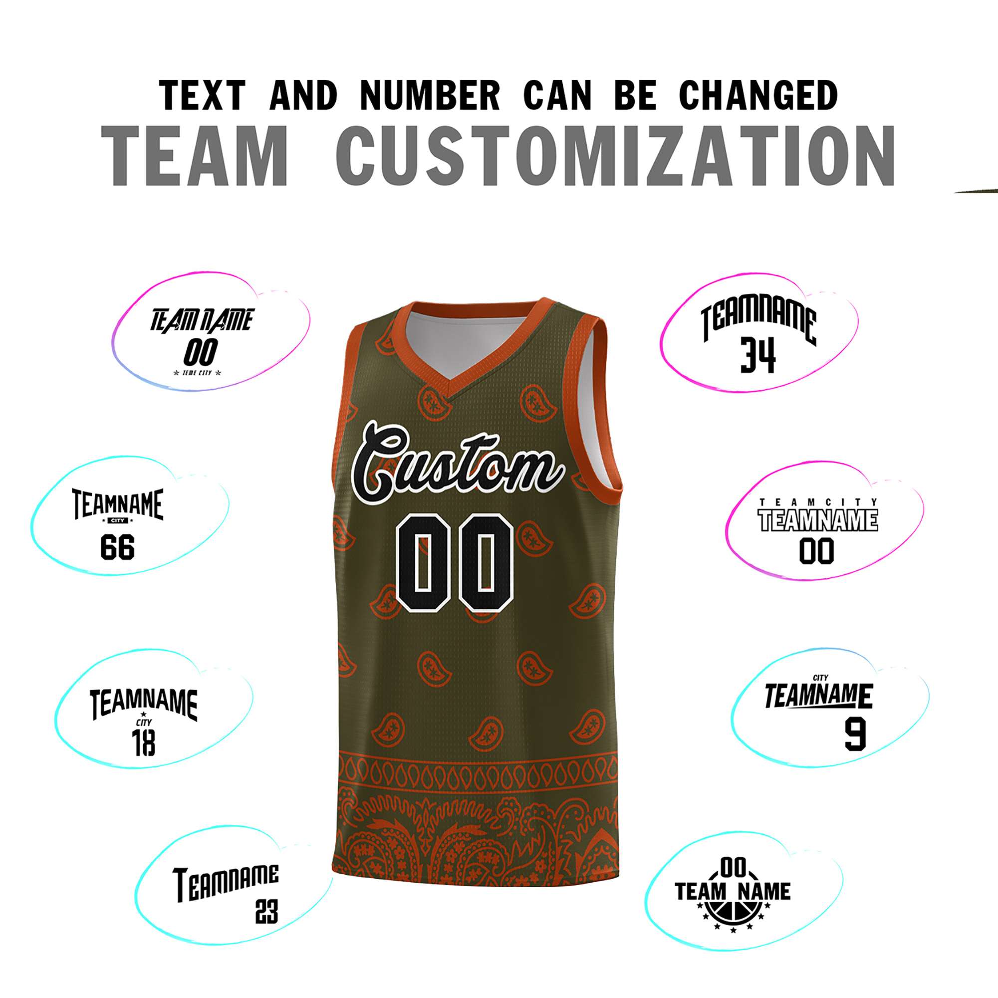 Custom Olive Texas Orange Personalized Cashew Pattern Sports Uniform Basketball Jersey