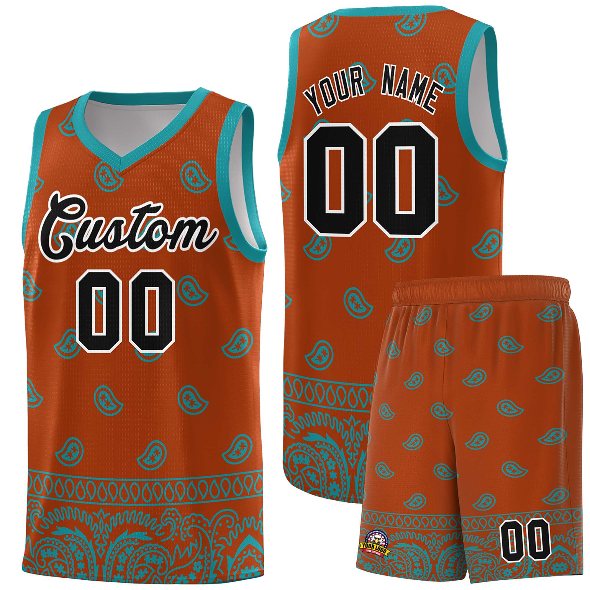 Custom Texas Orange Aqua Personalized Cashew Pattern Sports Uniform Basketball Jersey