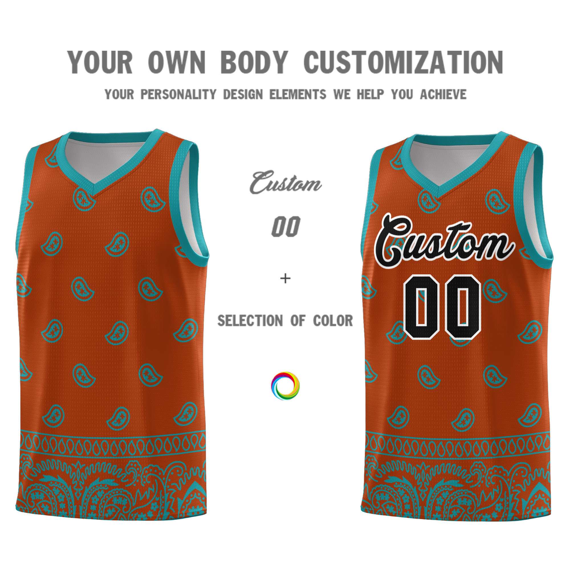 Custom Texas Orange Aqua Personalized Cashew Pattern Sports Uniform Basketball Jersey