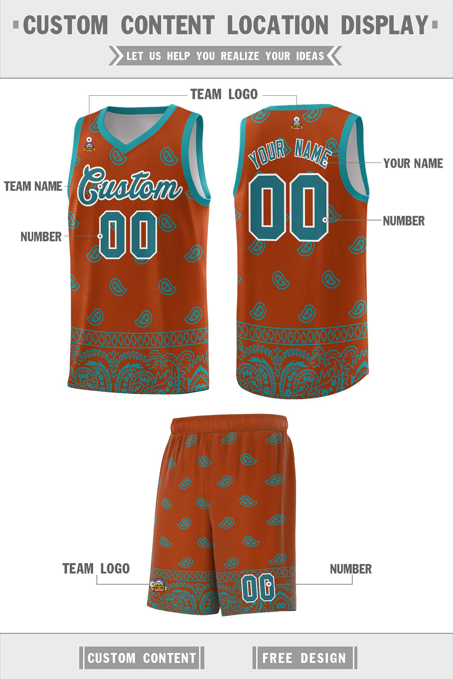 Custom Texas Orange Aqua Personalized Cashew Pattern Sports Uniform Basketball Jersey