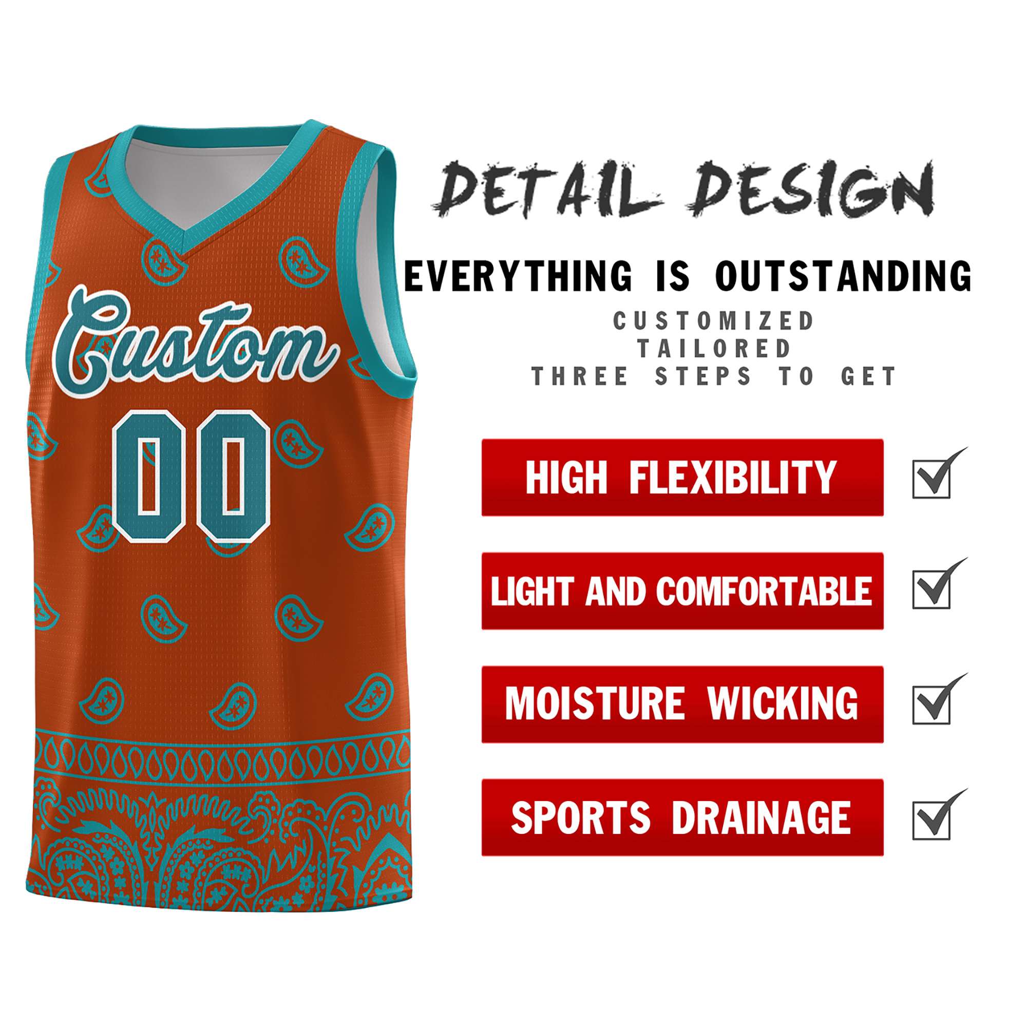 Custom Texas Orange Aqua Personalized Cashew Pattern Sports Uniform Basketball Jersey