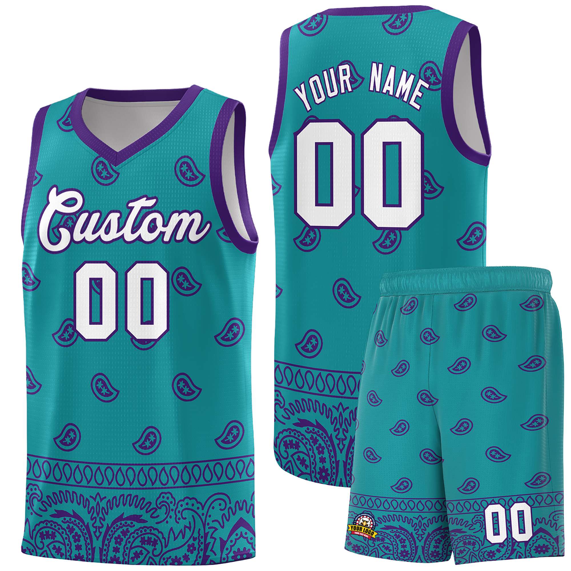 Custom Aqua Purple Personalized Cashew Pattern Sports Uniform Basketball Jersey