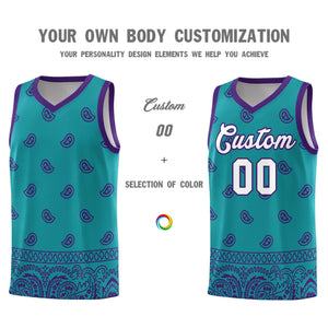 Custom Aqua Purple Personalized Cashew Pattern Sports Uniform Basketball Jersey