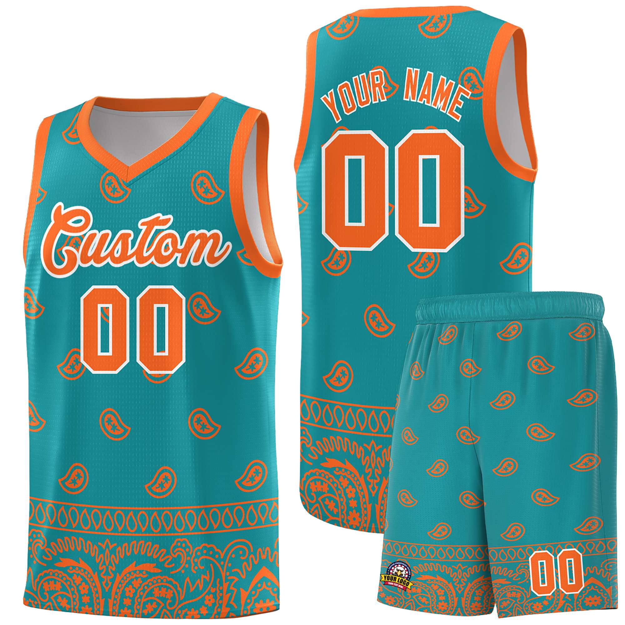 Custom Aqua Orange Personalized Cashew Pattern Sports Uniform Basketball Jersey