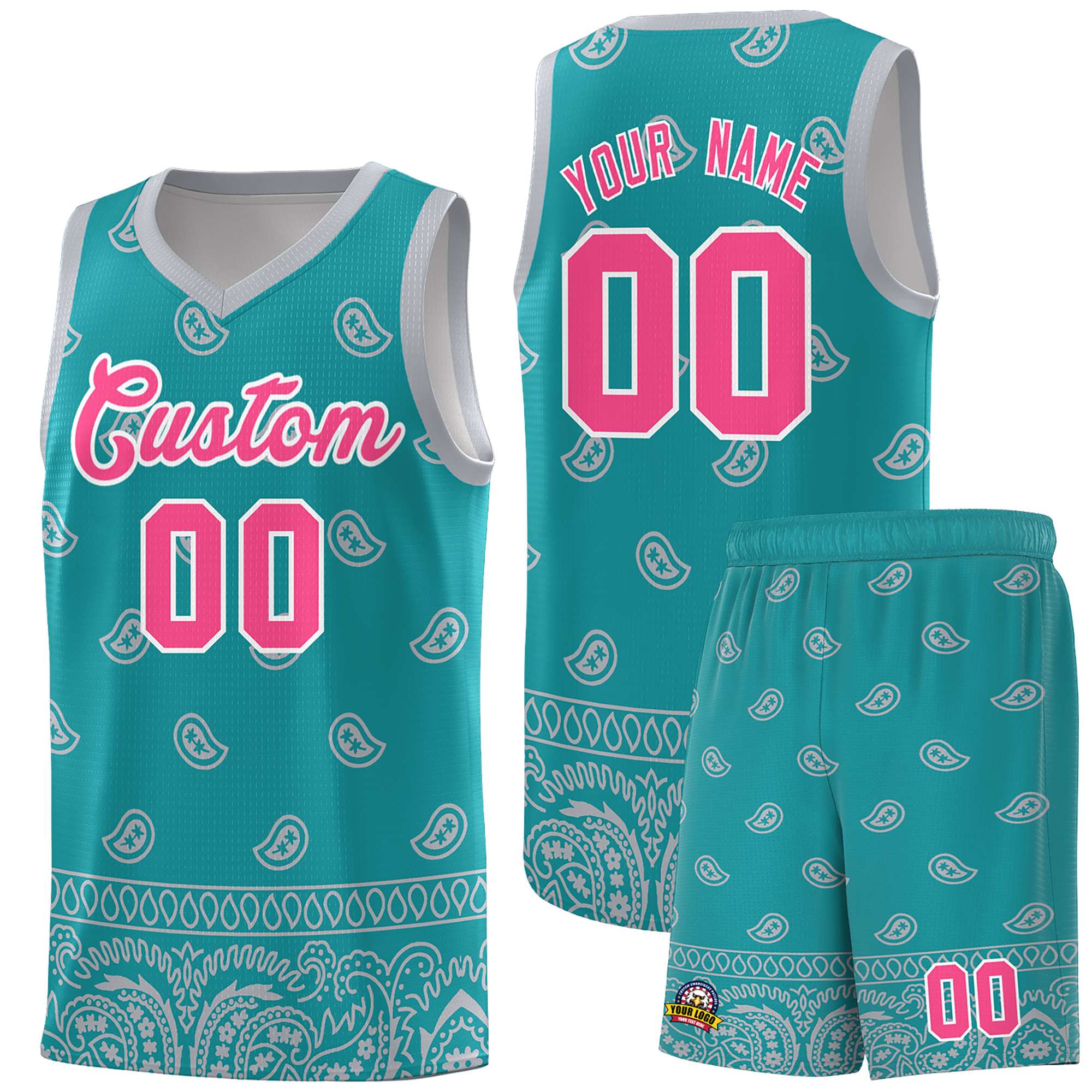 Custom Aqua Gray Personalized Cashew Pattern Sports Uniform Basketball Jersey