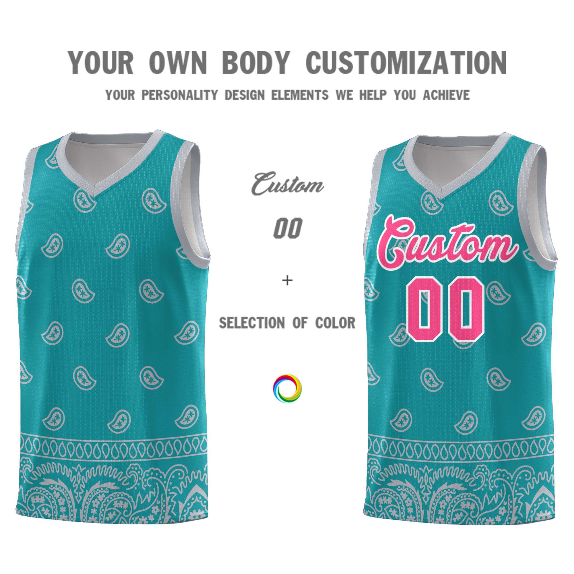 Custom Aqua Gray Personalized Cashew Pattern Sports Uniform Basketball Jersey