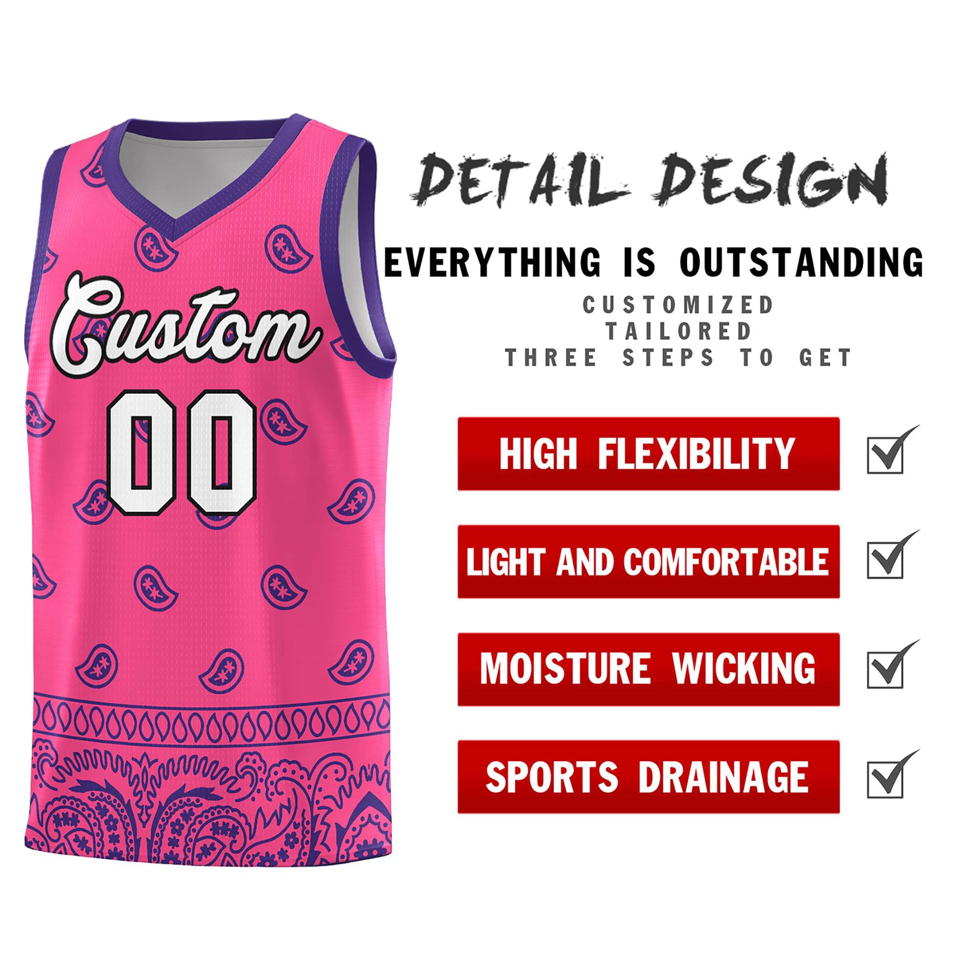 Custom Pink Purple Personalized Cashew Pattern Sports Uniform Basketball Jersey