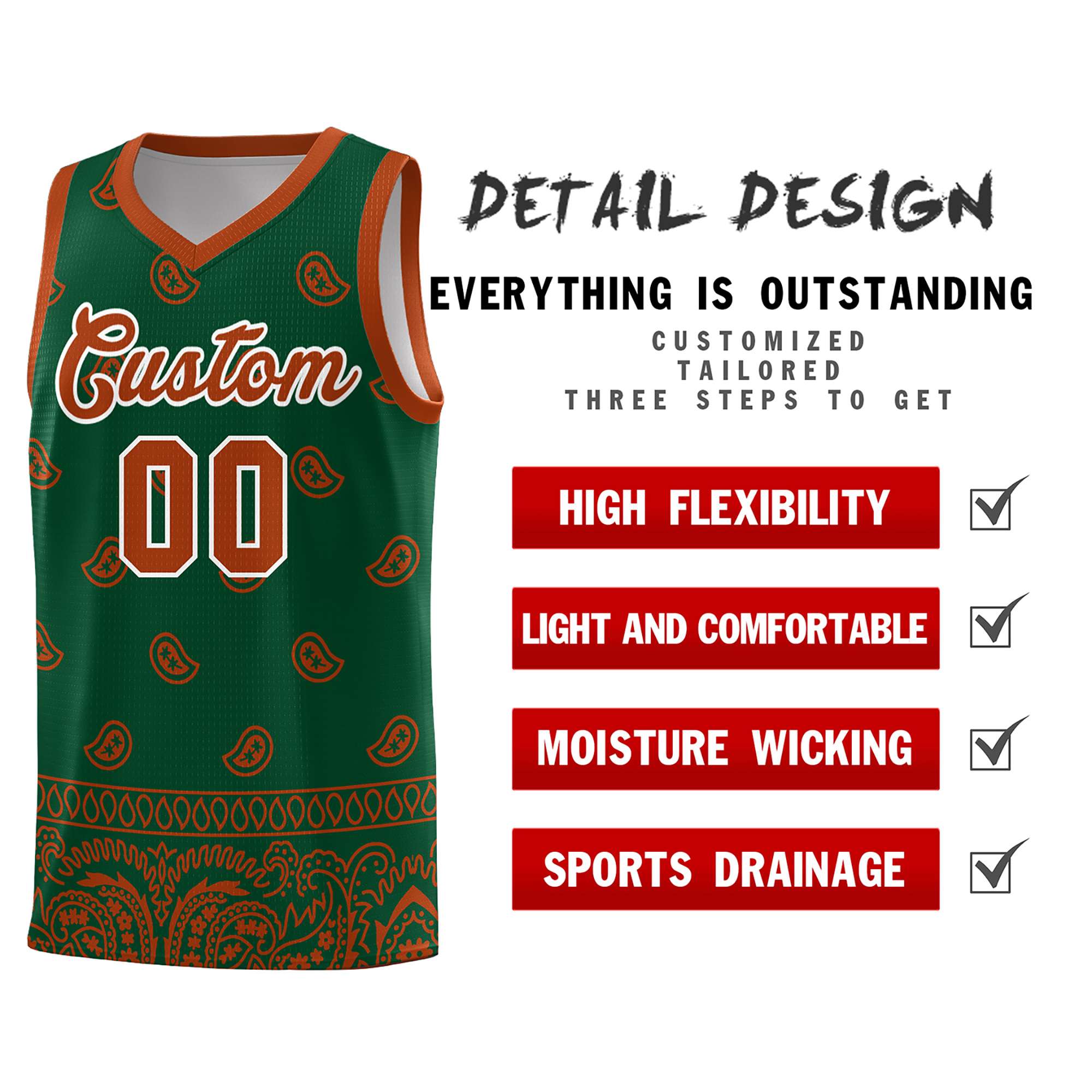 Custom Green Texas Orange Personalized Cashew Pattern Sports Uniform Basketball Jersey