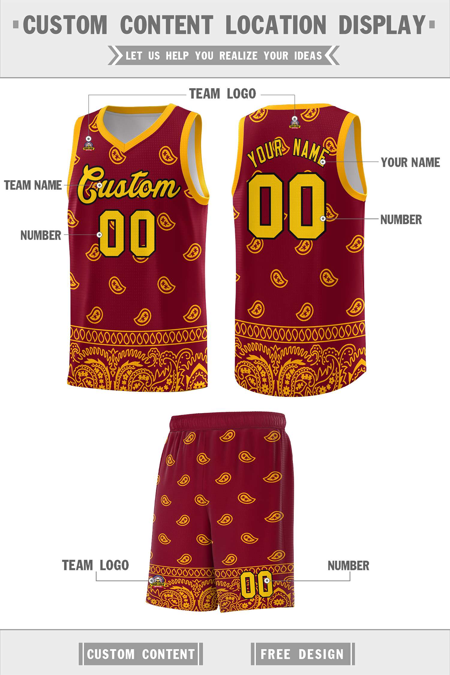 Custom Crimson Yellow Personalized Cashew Pattern Sports Uniform Basketball Jersey