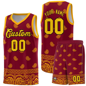 Custom Crimson Yellow Personalized Cashew Pattern Sports Uniform Basketball Jersey