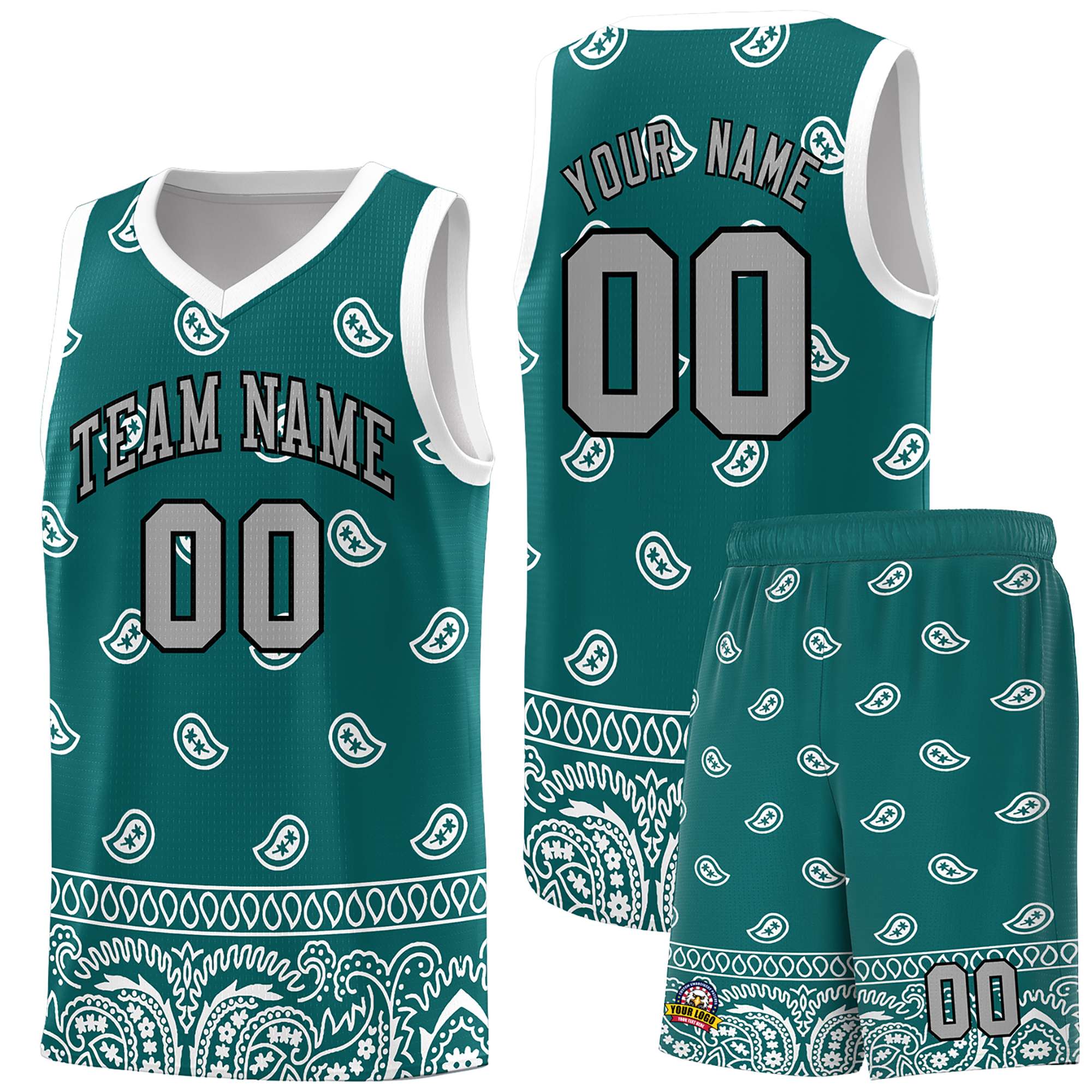 Custom Aqua White Personalized Cashew Pattern Sports Uniform Basketball Jersey