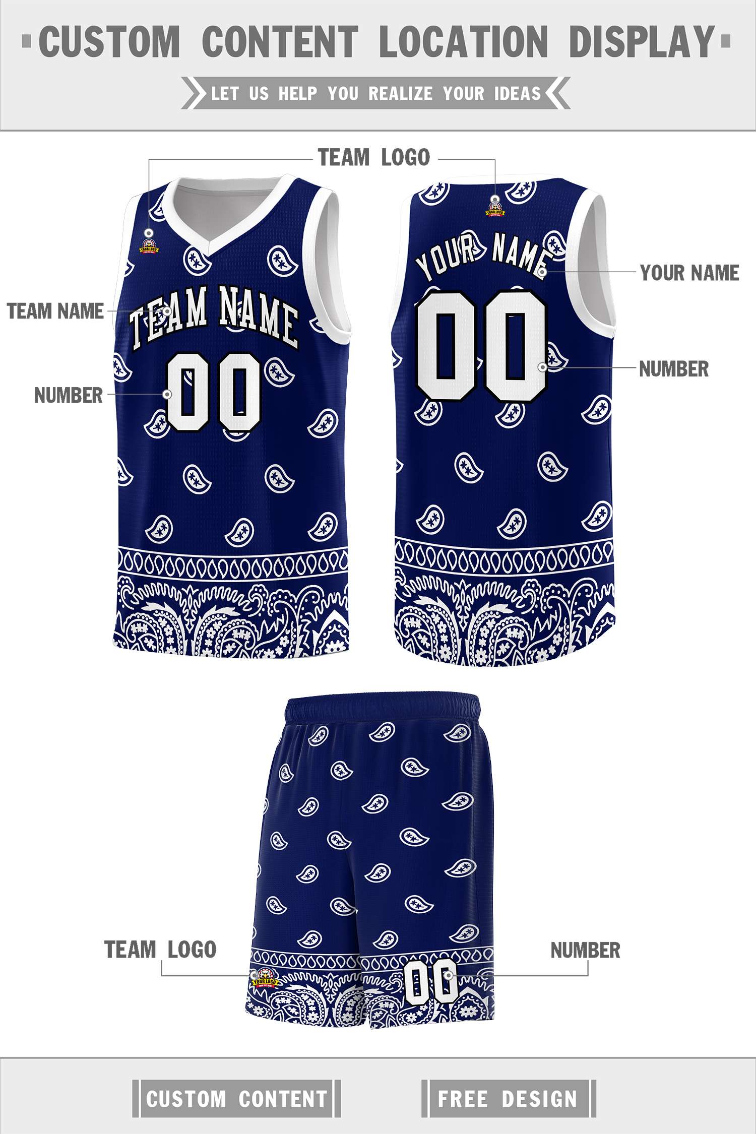 Custom Navy White Personalized Cashew Pattern Sports Uniform Basketball Jersey