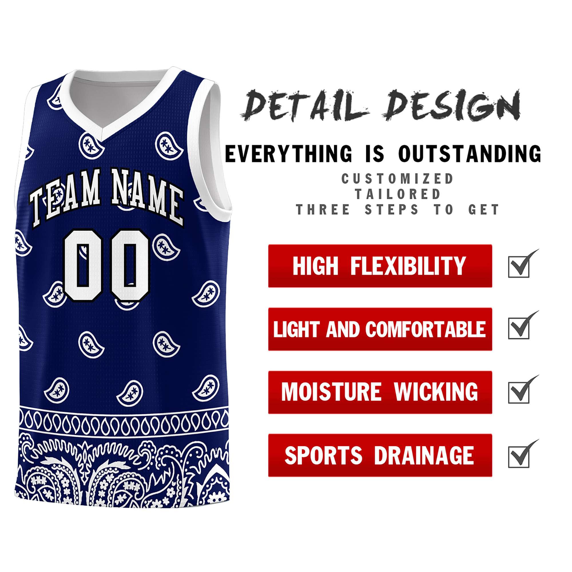 Custom Navy White Personalized Cashew Pattern Sports Uniform Basketball Jersey