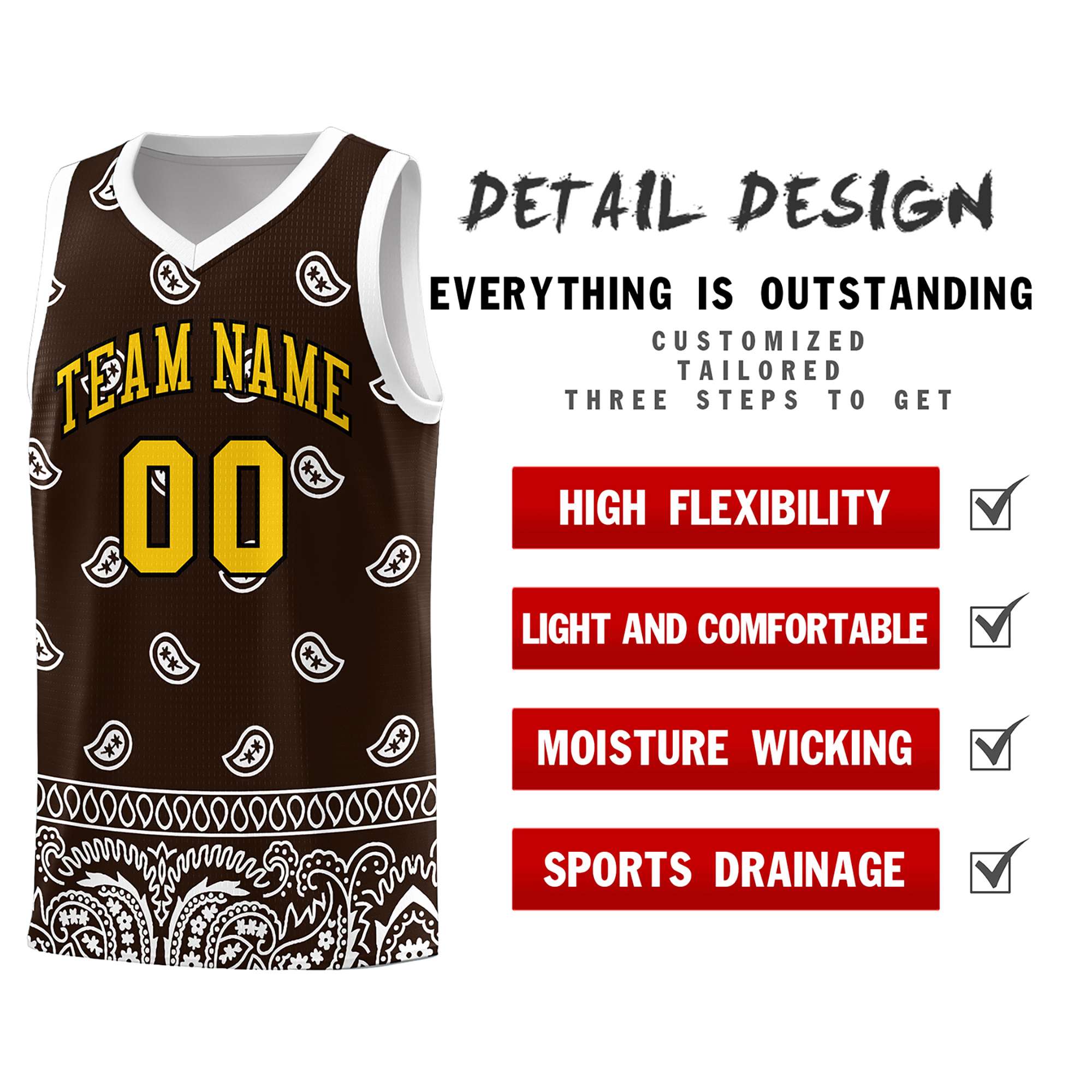 Custom Brown White Personalized Cashew Pattern Sports Uniform Basketball Jersey