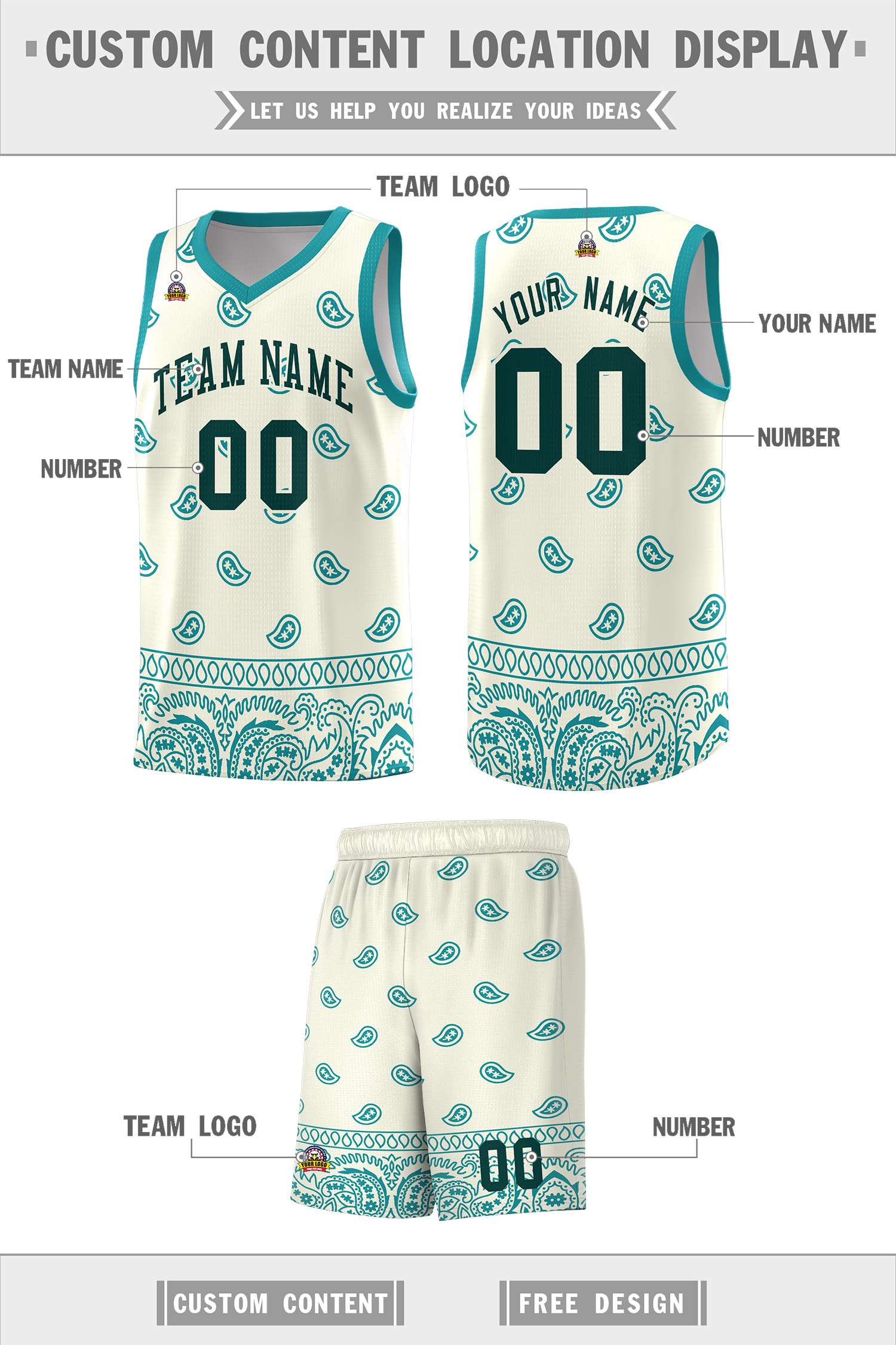 Custom White Aqua Personalized Cashew Pattern Sports Uniform Basketball Jersey