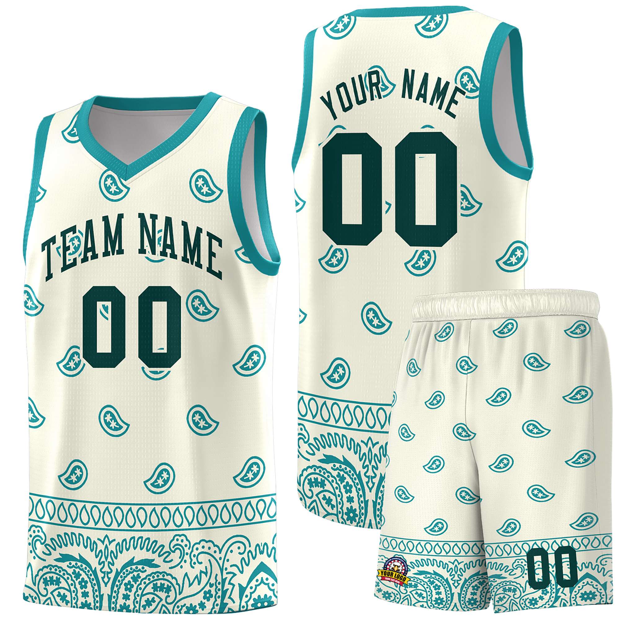 Custom White Aqua Personalized Cashew Pattern Sports Uniform Basketball Jersey