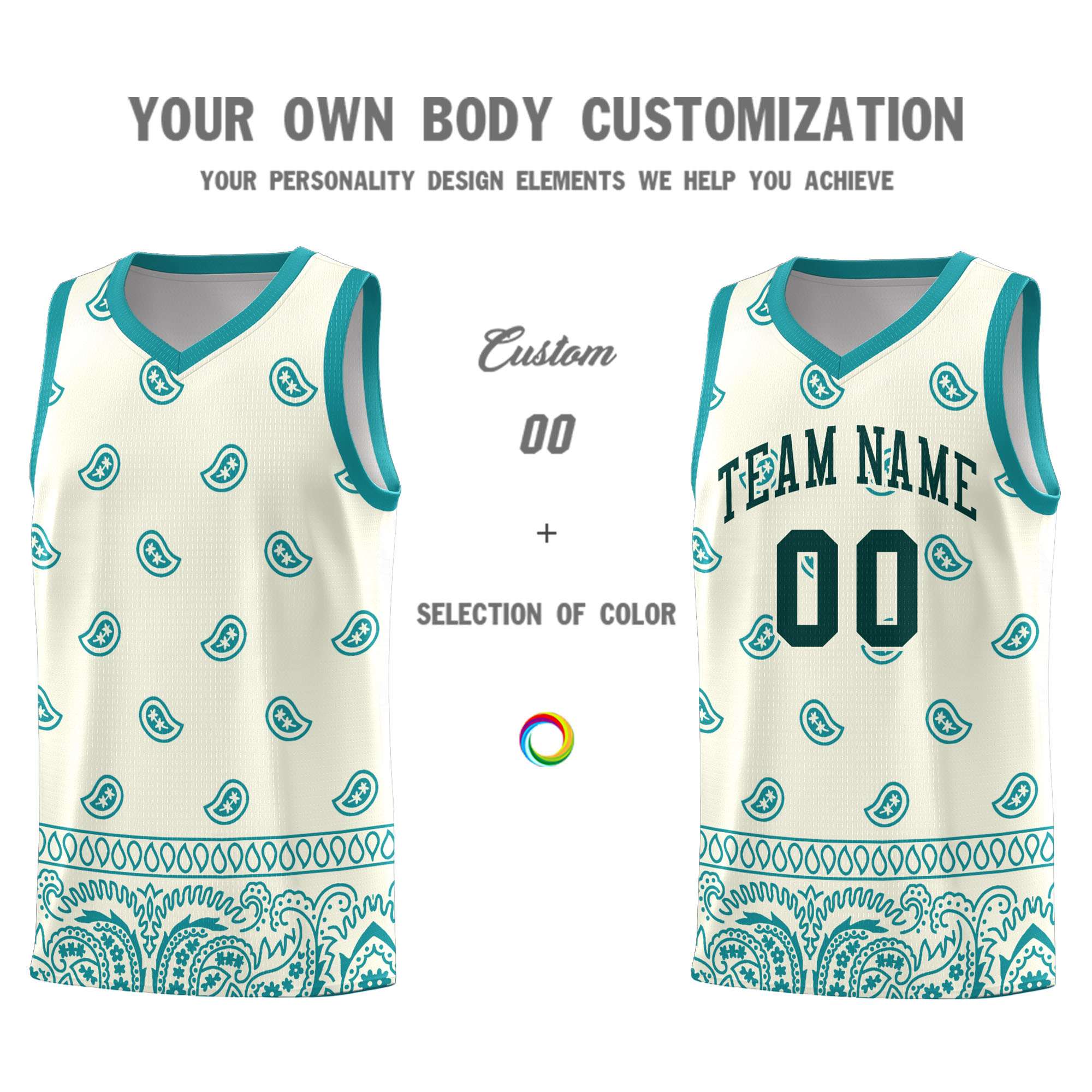 Custom White Aqua Personalized Cashew Pattern Sports Uniform Basketball Jersey