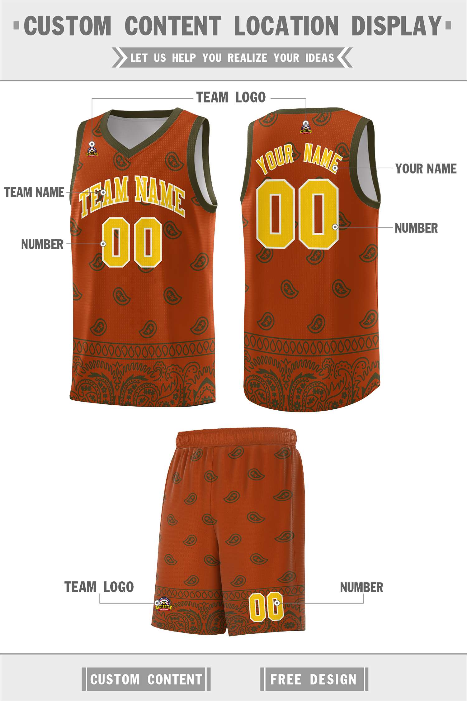 Custom Texas Orange Olive Personalized Cashew Pattern Sports Uniform Basketball Jersey