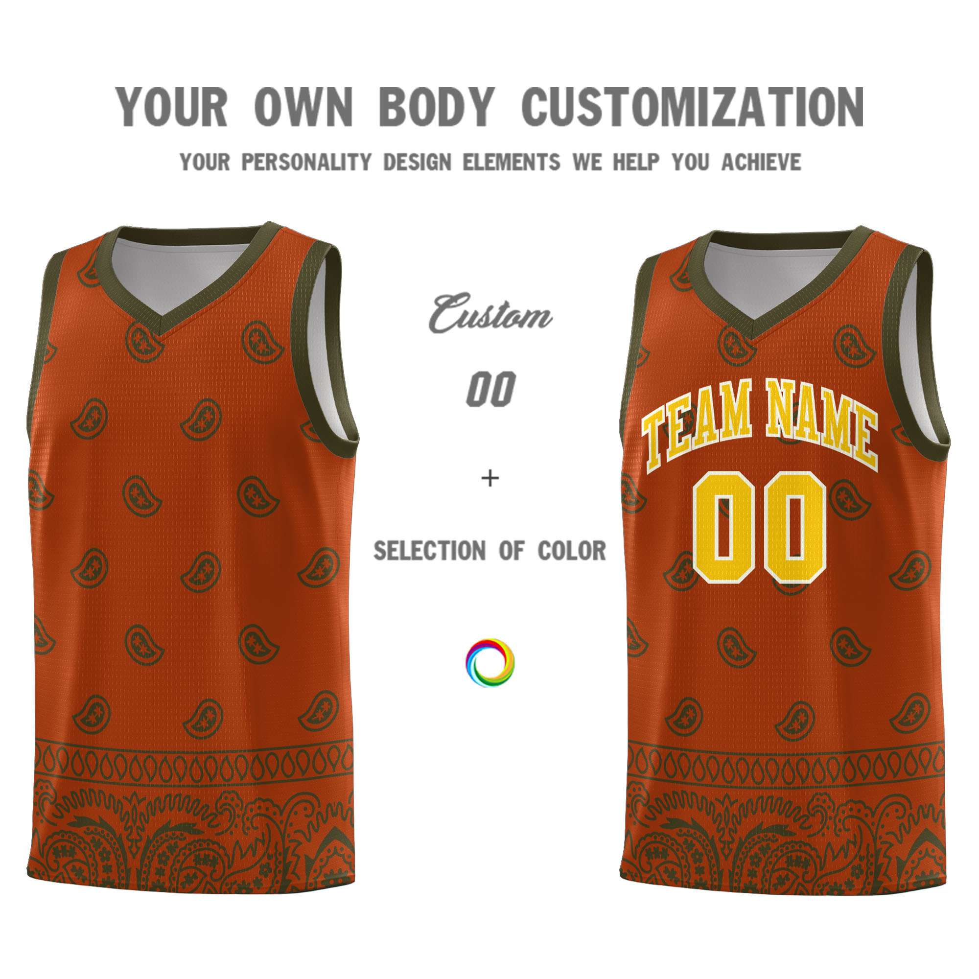 Custom Texas Orange Olive Personalized Cashew Pattern Sports Uniform Basketball Jersey