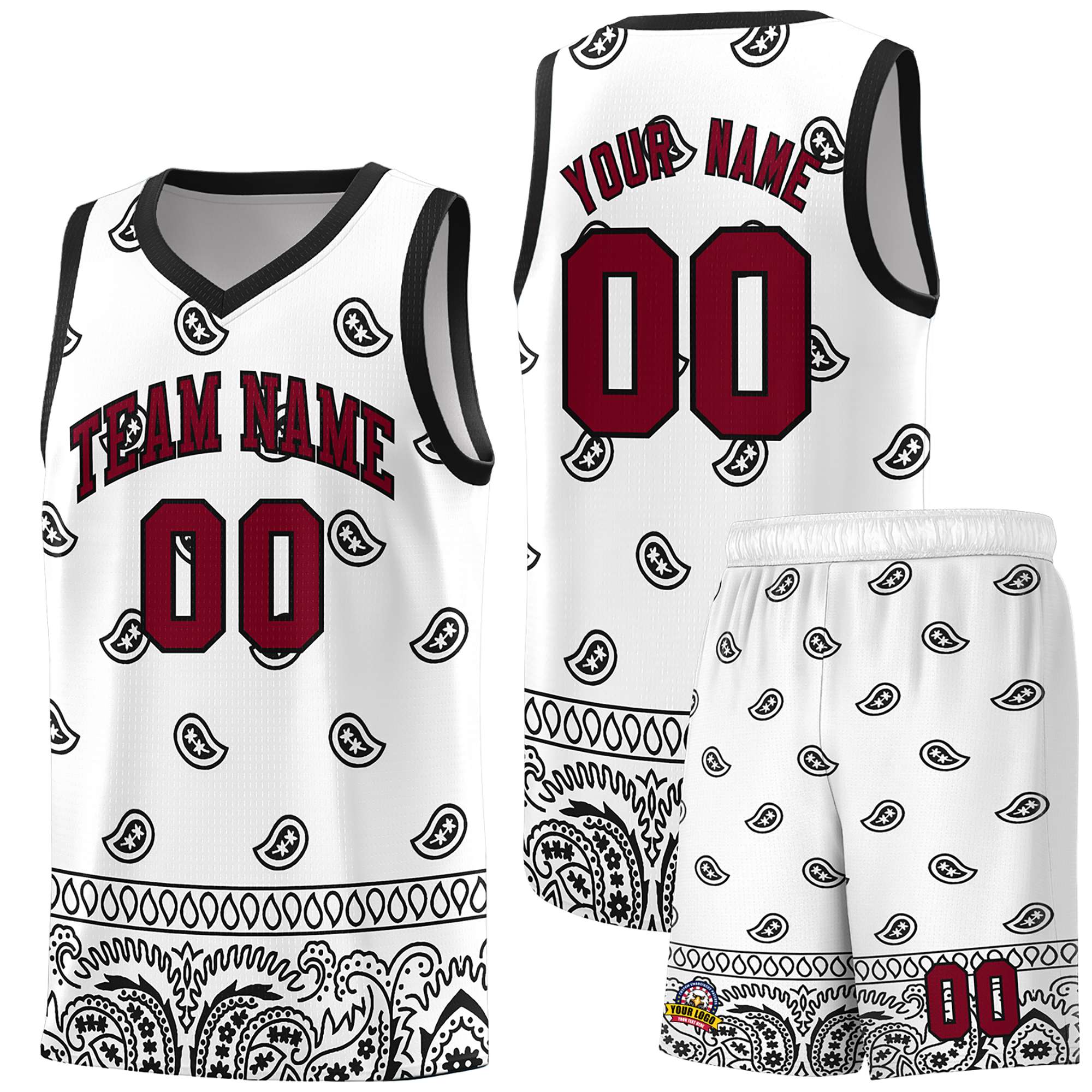 Custom White Black Personalized Cashew Pattern Sports Uniform Basketball Jersey