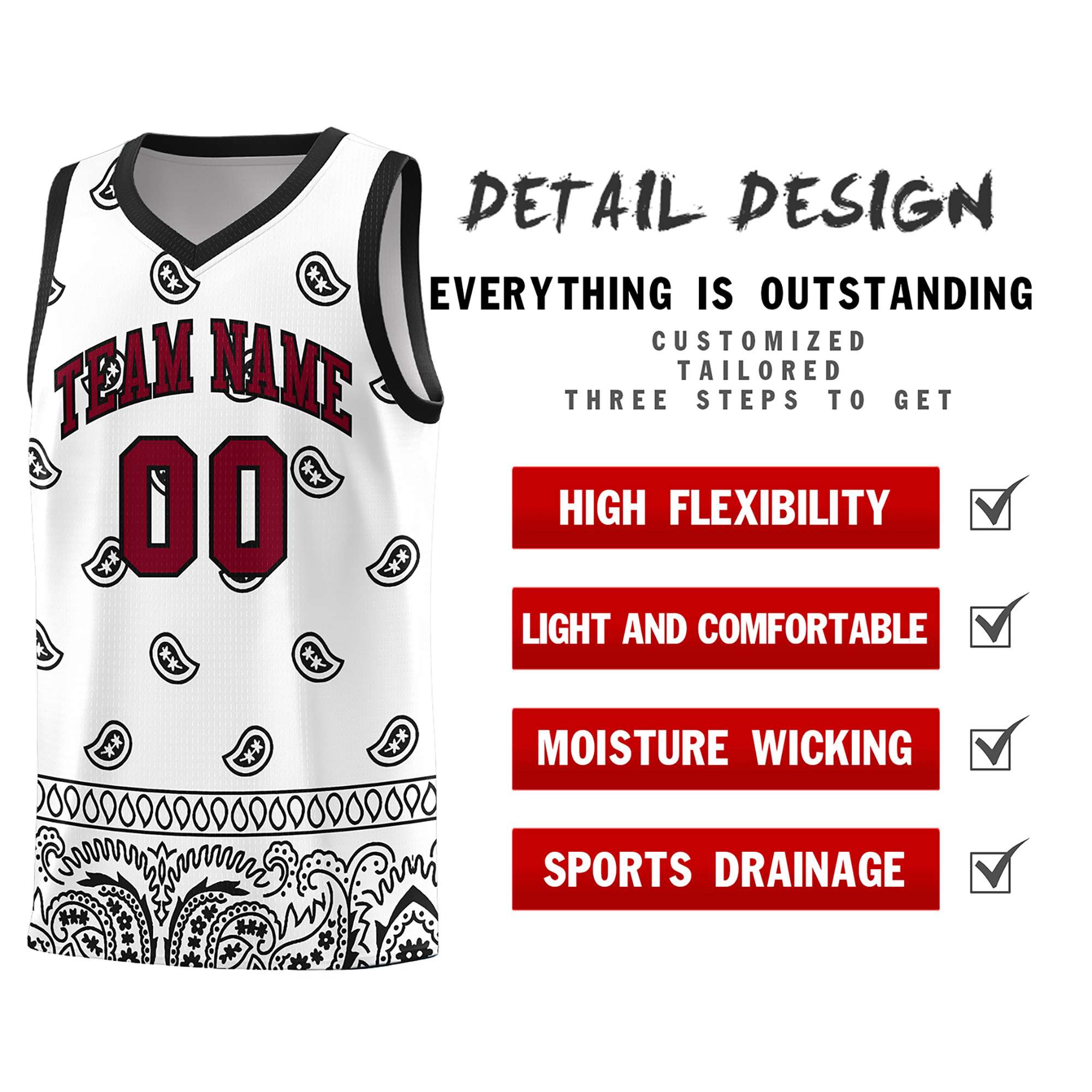 Custom White Black Personalized Cashew Pattern Sports Uniform Basketball Jersey