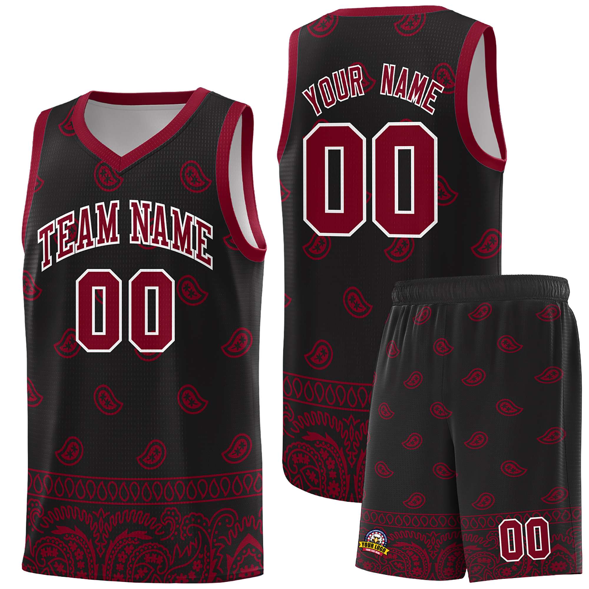 Custom Black Crimson Personalized Cashew Pattern Sports Uniform Basketball Jersey