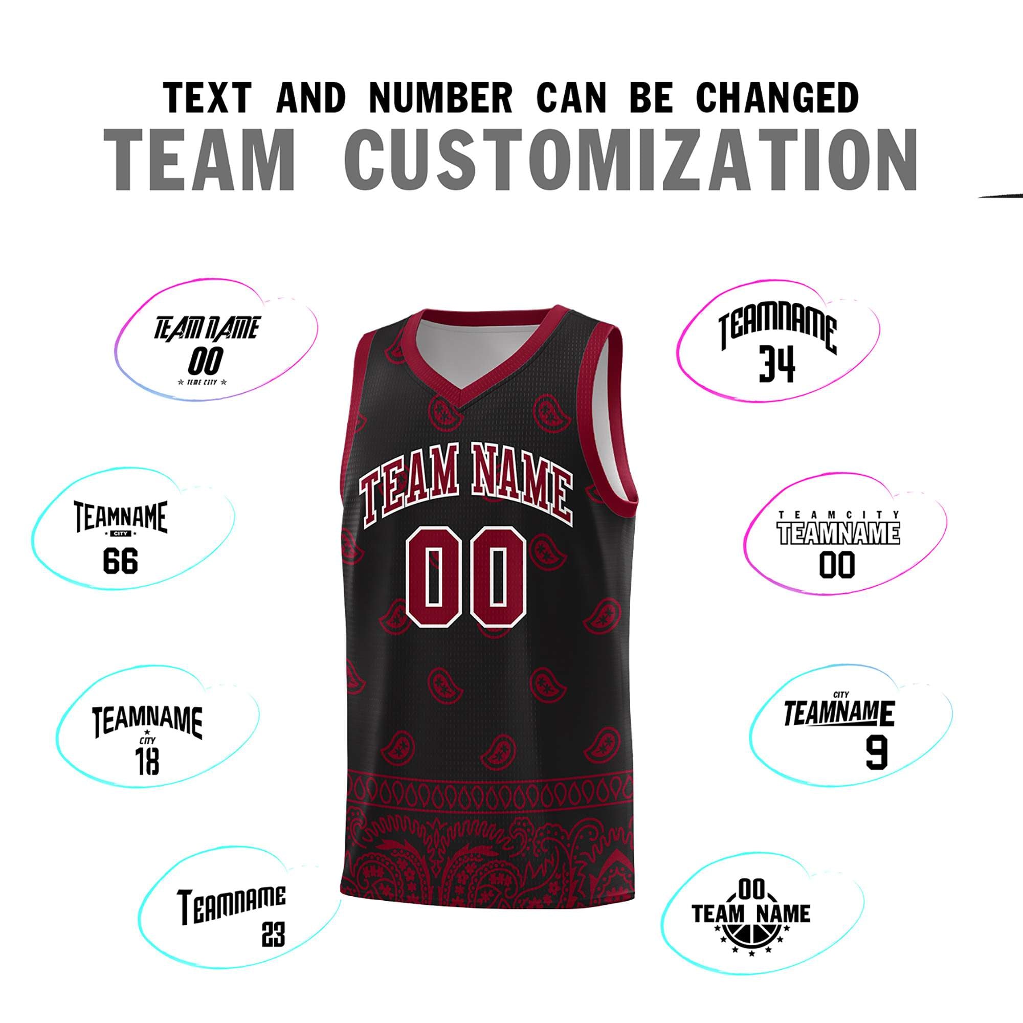 Custom Black Crimson Personalized Cashew Pattern Sports Uniform Basketball Jersey