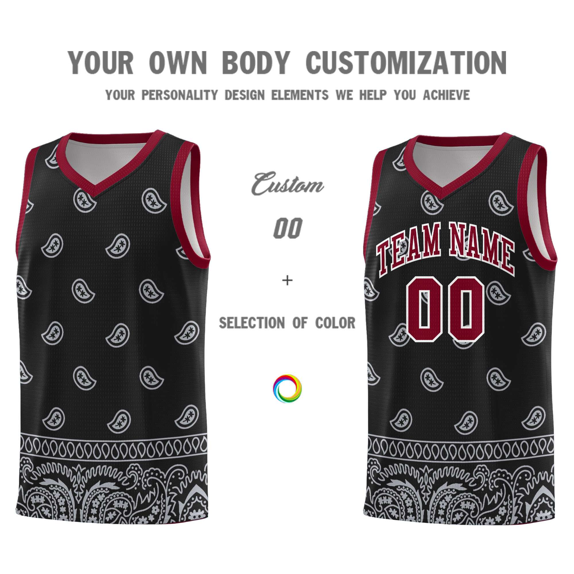 Custom Black Gray Personalized Cashew Pattern Sports Uniform Basketball Jersey