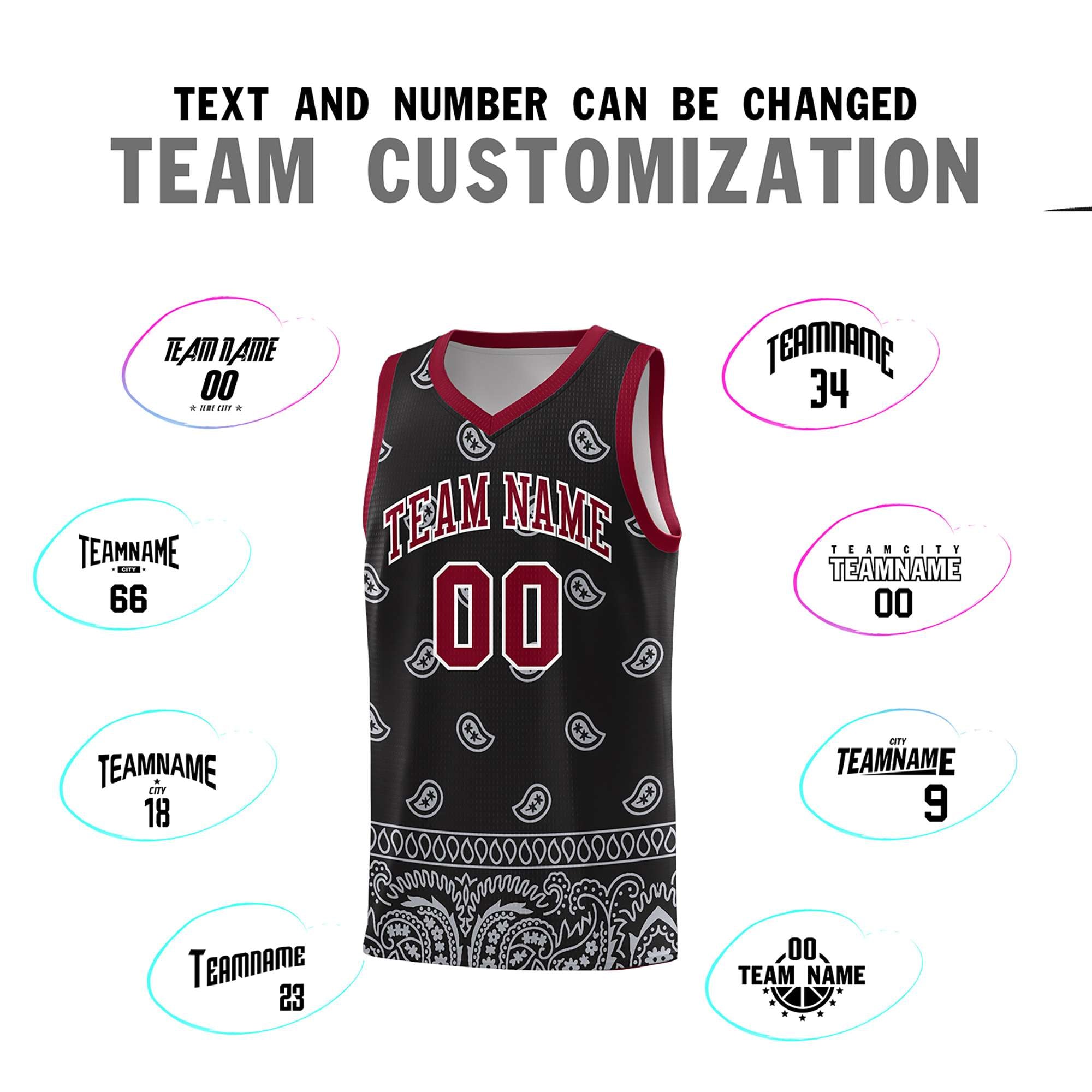 Custom Black Gray Personalized Cashew Pattern Sports Uniform Basketball Jersey