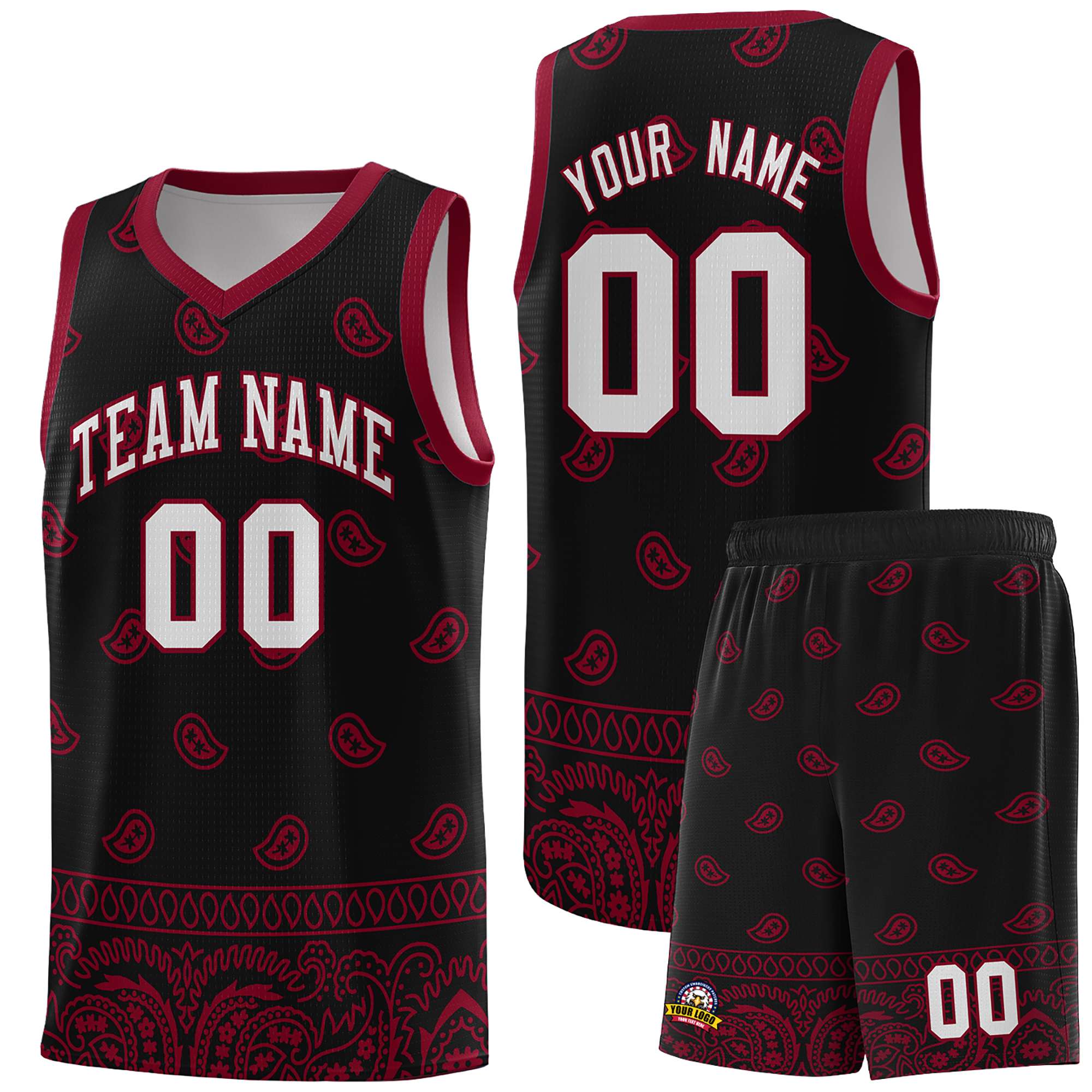 Custom Black Crimson Personalized Cashew Pattern Sports Uniform Basketball Jersey